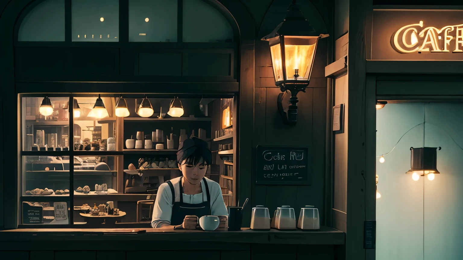 cafe clerk、open kitchen、coffee shop、Wearing an apron、illumination、間接illumination、lamp、City night cafe、night outside the window、Stylish night cafe