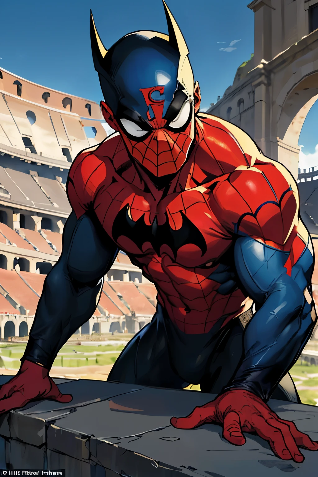 In the coliseum of Rome, packed with spectators in the grandstands, the Homem-Aranha from Brazil, clad in colors representing his nation, engaged in an intense battle with Batman, dressed in the hues of Argentina. The crowd watched with bated breath as the two iconic figures exchanged blows, their vibrant costumes clashing against the backdrop of the ancient amphitheater.

Homem-Aranha, his body taut and muscles bulging, was a picture of determination as he skillfully weaved between Batman's formidable attacks. The Spider-Man's thick eyebrows furrowed in concentration, while Batman's