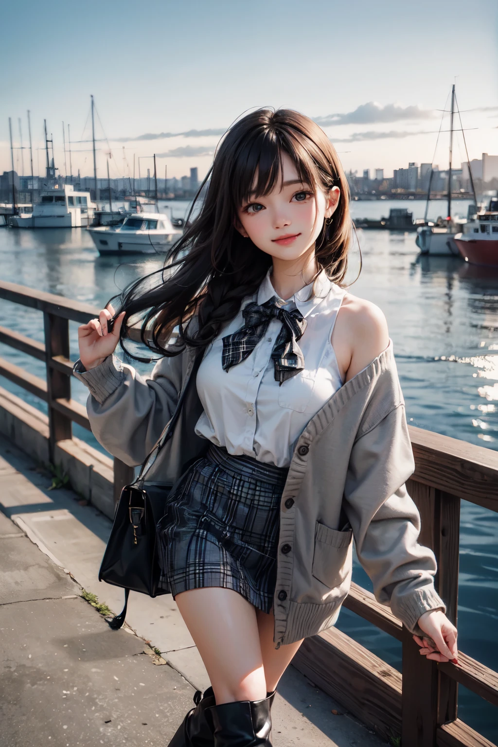 very cute and beautiful girl,teen,(highly detailed beautiful face),(gray blouse),(smile:1.2),happy,
cowboy shot,(red cardigan:1.2),long sleeve BREAK zettai ryouiki,(brown shoulder bag),(plaid brown mini skirt:1.3),
walking,stylish pose,wavy hair,black hair,(black boots),
(Yokohama:1.2),(port town,harbor,cityscape overview:1.2),detailed landscape,
(best quality,masterpiece:1.0),absurdres,highres,ultra-detailed,extremely detailed,32k,8k resolution,
intricate details,cinematic scene,detailed background,solo,dynamic angle,
hair fluttering in the wind,beautiful detailed sky,
