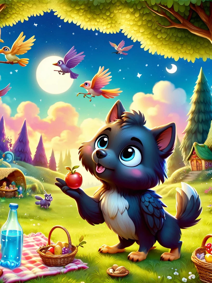 anthro, kemono, male, (chibi:1.2), ((adventure costume)), ((cute)), ((wolf) fluffy fur, fluffy), detailed face, detailed eyes, (close up:1.5), (happy, excited), (at lawn forest:1.5), group shot, detailed background, (high quality, highres, masterpiece), (dynamic lighting, vivid color), (high-angle view:1.1), (picnic:1.5), (evening)