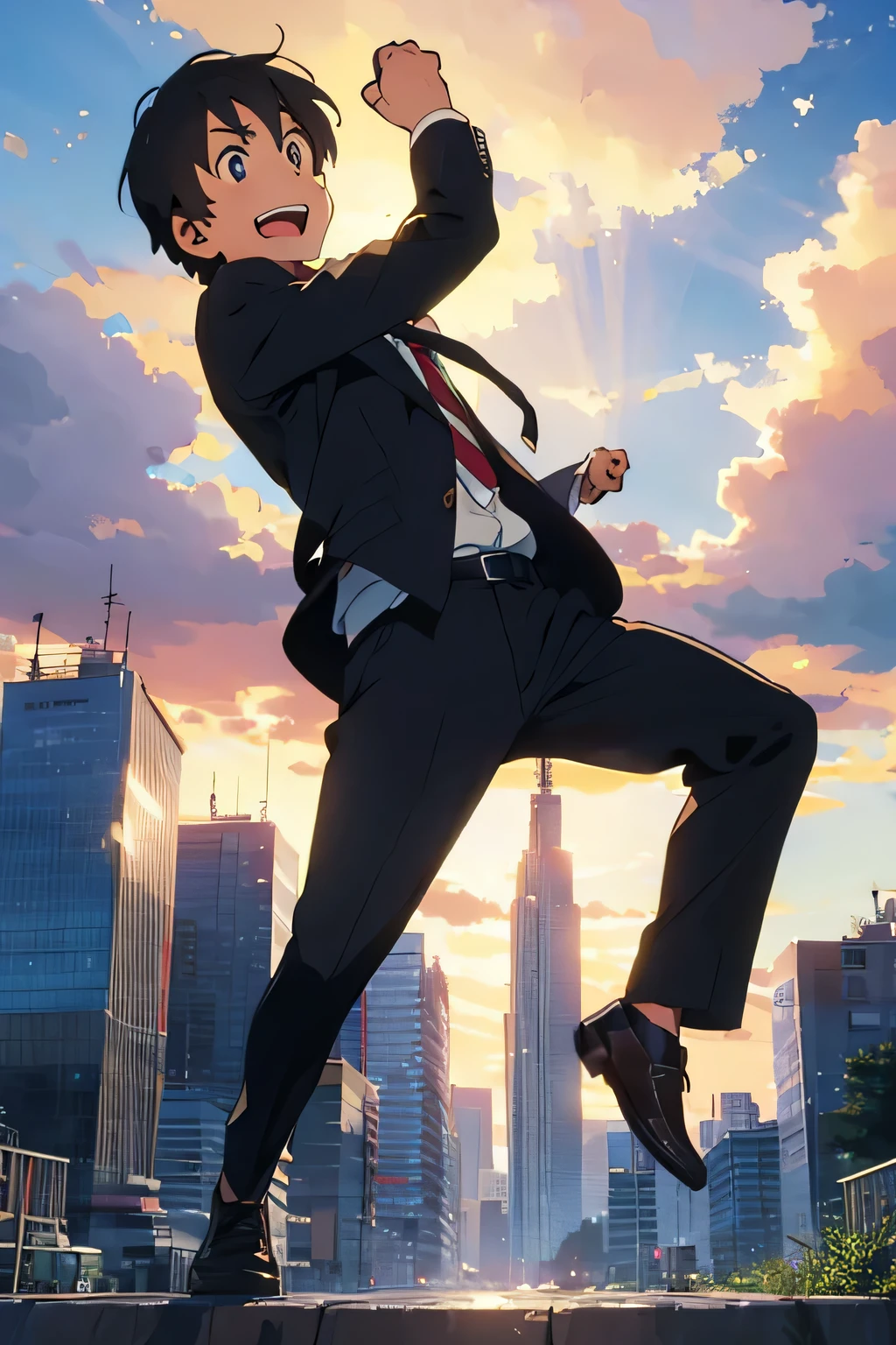 30 years old((male))Wearing a suit、Jump with all your might、Raise one hand up high in a fist、Smiling and opening mouth、((full body image))、Do not cut limbs