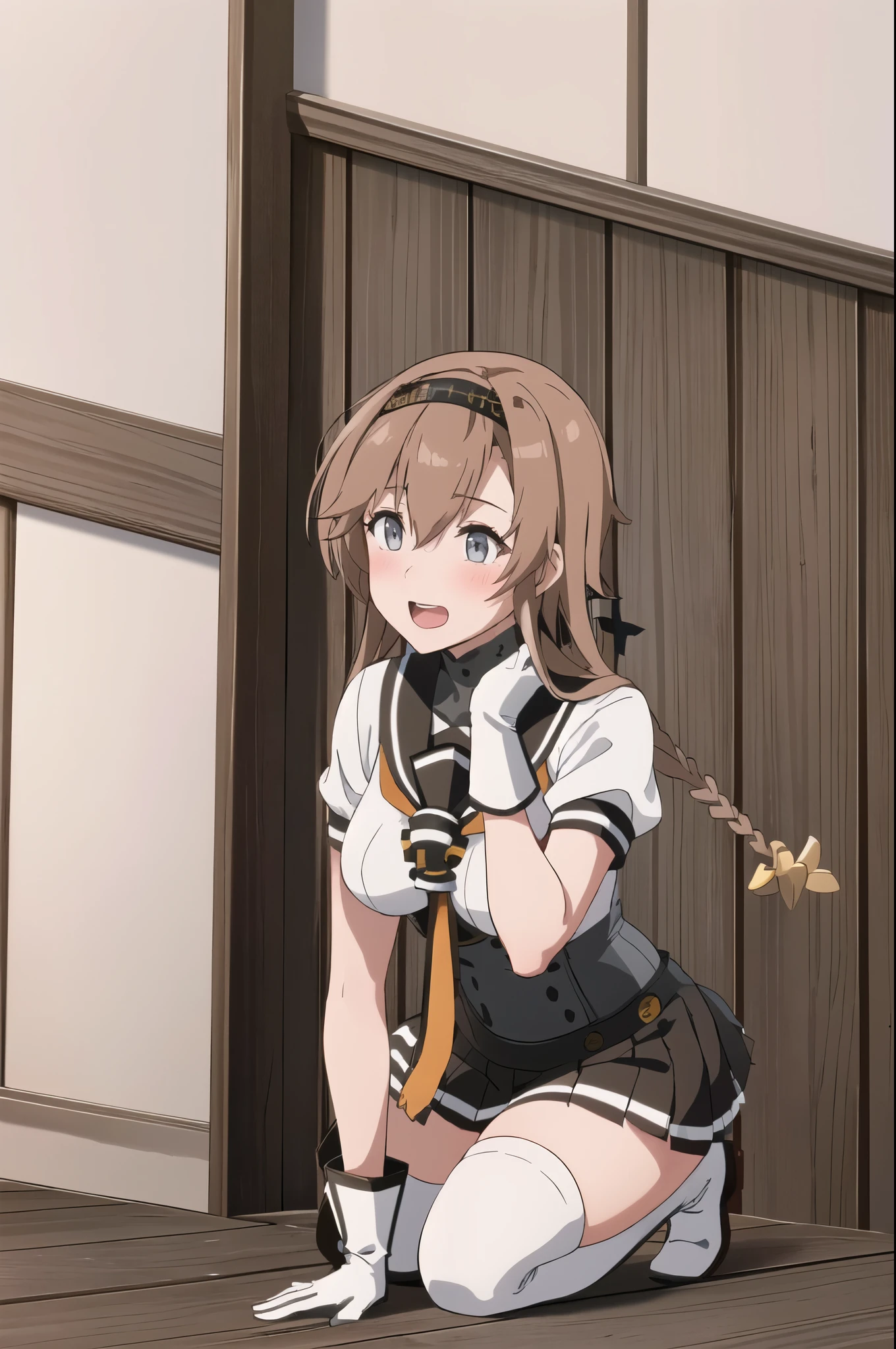 (masterpiece, highest quality:1.4), (Super detailed:1.2), {shape,picturesque}, {studio light, picturesque}, [best shadow],
(KonishiCSA)_(ShizumaCSA)_(HoshiakariCSA), (Alpha CDE)_(Gamma CDE),
break
(perfect anatomy), (symmetrical eyes, Super detailed eyes, beautiful eyes), (sharp eyeliner, Super detailed face, beautiful face), (gray eyes),
break
nice hands, perfect hands, Written by Guido Daniele,
break
1girl, alone,
break
TeruzukiKC, (Teruzuki) uniform, ((black) hachimaki), ((propeller) hair ornaments), (black) sailor collar, (yellow) neckerchief, ((colorful) gloves, (white) gloves, (black) gloves:1.25), (black) pleated skirt, ((white) knee high:1.3), (short sleeve) serafuku, (gray) corset, mini skirt, (white and black) gloves,
break
 カウボーイショット, towards the viewer, smile, open your mouth, blush, (indoor, office, living room),
break
, (squat) (lace panties)spread your legs, Flashy underwear that lifts your legs