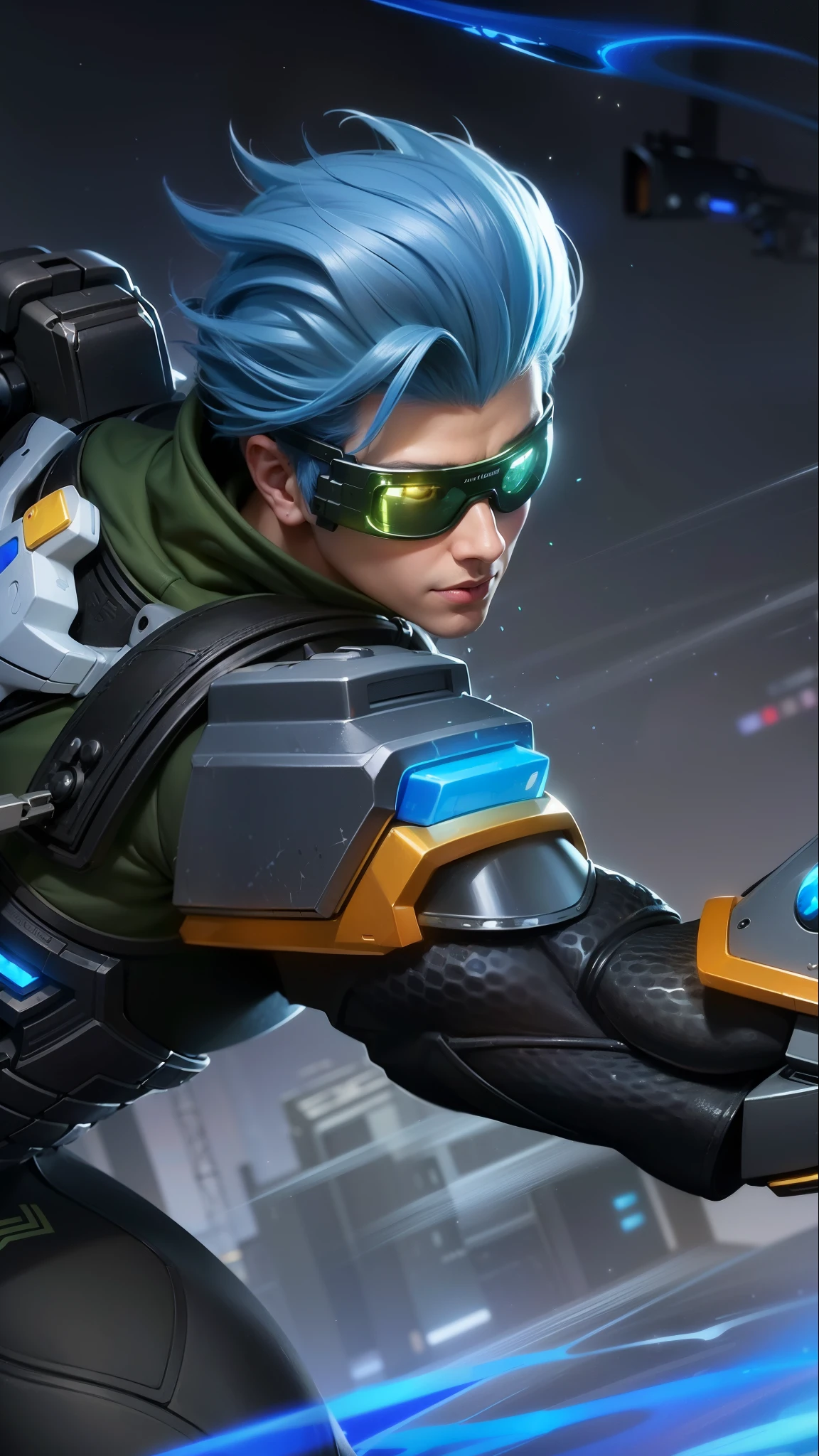 a close up of a boy with a blue hair and a gun, sigma from overwatch, tracer game character, splash art, character splash art, iconic character splash art, sigma male, official splash art, league of legends character, tracer, style league of legends, kda, amazing portrait of viego, league of legends splashart, masterpiece, ((perfect eyes)) best quality, (semirealism:1.9), beautiful lighting, (extremely detailed CG unity 4k fhd wallpaper), High Detail, Sharp focus, dramatic outdoors, 1 boy ,19 years old, 8k, ultra hd, ultra detailed texture, hyper realistic, masterpiece, detailed texture, detailed face, detailed skin, detailed lighting, (photorealistic:1.5), best quality, beautiful lighting, cinematic lighting, professional lighting, ultra highres, realistic, detailed hair, real hair, high quality, (realskin:1.5), extremely detailed, finely detail, ultra-detailed, smile.