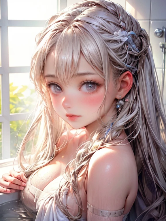 (ultra-detailed:1.2, sharp focus:1.2) (Cute girl wearing a bath towel:1.5), (realistic, photorealistic:1.37) lovely face, (beautiful detailed eyes, beautiful detailed lips):1.5 with slightly blushed cheeks, (bright, sunny) lighting. The girl has a (happy, content) expression, (long, flowing) hair cascading down her shoulders. The bath towel is (soft, fluffy) and (pure white), (neatly wrapped around her body):1.5. There are tiny water droplets on her skin, giving a sense of freshness. In the background, there is a (stylish, modern) bathroom with a (glass, transparent) shower cubicle and a (sleek, minimalist) bathtub. The atmosphere is serene and relaxing, creating a spa-like feeling. The overall color tone is (warm, pastel), emphasizing a cozy and comfortable atmosphere. The picture exudes a sense of cleanliness and feminine charm.