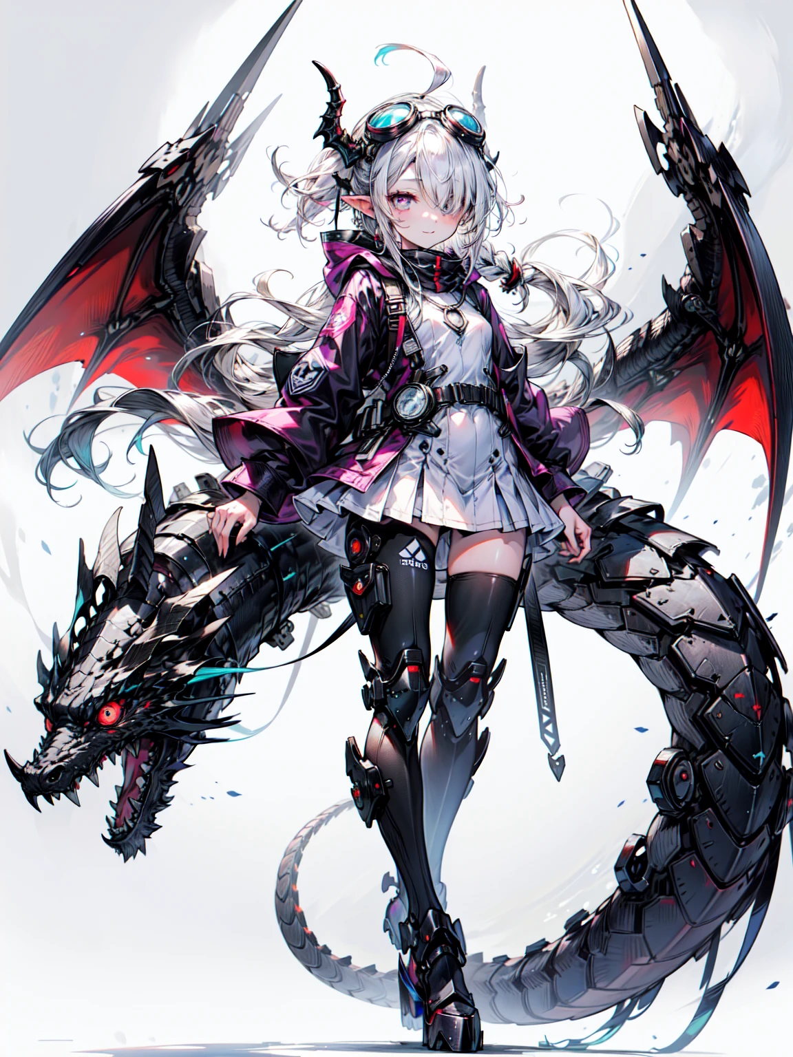 dragon ears, Mecha, mechanical, dragon wings, dragon tail, dragon horn, (goggles on head:1.3),, ultra get used to it, masterpiece, highest quality, beautiful, get used to it,, alone, smile, 1 girl, aqua eye, black hair, low ponytail, Ahoge, 異常にlong hair, とてもlong hair, Hair flap, hair between eyes, bangs, messy hair, small breasts, goggles on head, closed mouth,, hooded coat, open coat, turtleneck, pants, Black knee boots, multiple straps, white coat, Layering, hair ribbon, pants under skirt, Blake、（dark elf), (1 girl), alone, perfect face, それにget used to it, Ahoge, ((long hair:1.2)), (hair above one eye:1.3), [[messy hair]], Shiny blonde white hair, purple eyes, multicolored eyes, colorful hair, shining eyes, (eyelash, eye shadow, pink eye shadow), bright, smile, design art by Mikimoto Haruhiko, by Kawashi, By Yoshitaka Amano