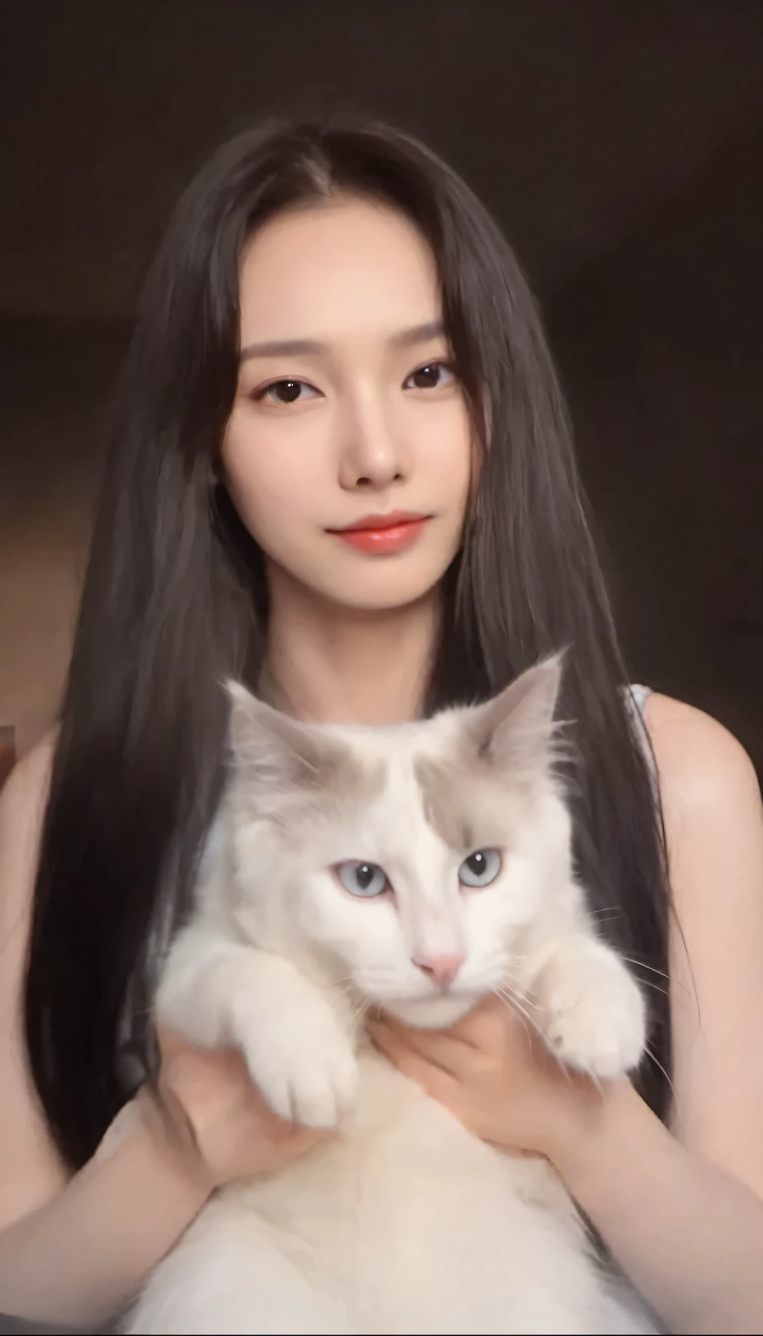 Realism，Realistic skin color，Rich in detail，Real hair，real cat hair，best quality, masterpiece, Upper body, a Taiwanese woman，solo，araffe woman holding a white Cat in her arms, very beautiful cute Cat，woman, beautiful  woman, big cheeks holding her Cat, attractive Cat girl, there is a Cat next to her, she is holding a Cat in her arms, white ( Cat ) girl, with small Cat on lap, Temperamental Korean face, white Cat ，A woman with outstanding temperament