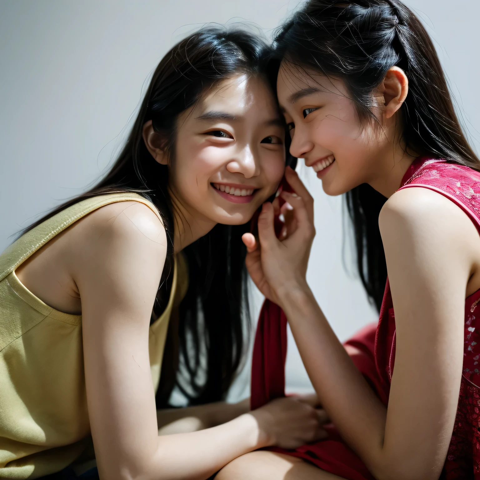 最高画質,nude,full body,Draw a scene where a black long haired girl and a brown short haired girl are hugging in a room. The two girl are in the center of the room, smiling while they hug. The room has warm interior decorations, and soft light illuminates the room. The black haired girl wraps her arm around the brown haired girl's neck, while the brown-haired girl gently embraces the black-haired girl's back. Both girl have very happy expressions on their faces.完璧な手,完璧な足, 