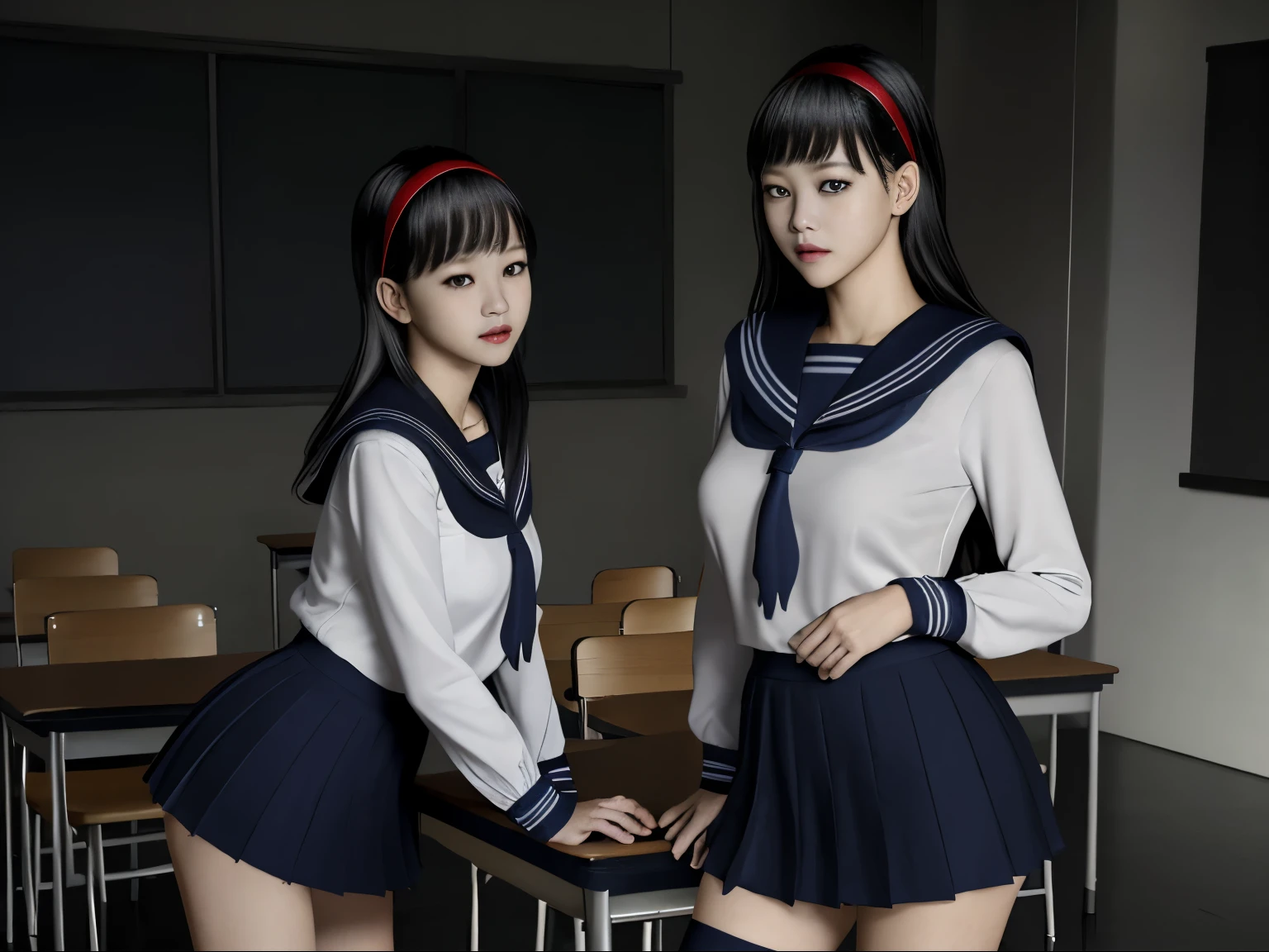 (Dark photo、unity、8k wallpaper)、(very delicate and beautiful)、(masterpiece)、(highest quality:1.2)、(超A high resolution:1.3)、(beautiful realistic asian),beautiful lighting、perfect lightning、realistic shadow、fine skin、Super detailed、detailed face and eyes、realistic eyes、sharp pupils、Huge , inside the classroom、School、sunset、beautiful face、blurred background、(japanese woman)、shiny skin、side up、美しいblack hair、dull bangs、Japan High School Sailor Uniform、pleated mini skirt、gentle smile, ((table top, highest quality)), (shiny skin), cinematic lighting, Physically based rendering, award-winning, highly detailed skin, highly detailed face, Beautiful eyes in every detail, Carl Zeiss 85mm F/1.4, (Standing position), (cumin , on the chest and thighs), she&#39;A very cute 16 year old , (black hair, straight long hair, open your eyes, blush), big cleavage, (sailor blouse, Pull up the pleated skirt yourself:1.3), watching from a distance, (navy knee socks, thigh focus),art by、

