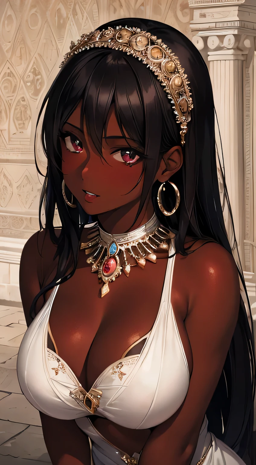 (8k ultra HD quality, best quality, 1 woman, alone, dark-skinned woman, black hair, beautiful face, flushed cheeks, beautiful woman,beautiful face, perfect eyes, beautiful eyes, lip gloss, beautiful lips, detailed , artwork, dark skin, large breasts, sexy, ancient costume, Roman, portrait, jewelry, parted lips, dark eyes, earrings, looking at viewer, Ancient Rome background, huge breasts, small sample, sexy, skin brunette, dark skin, holding breasts, wallpaper, goddess