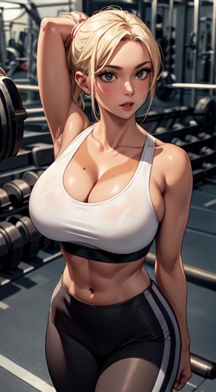 (masterpiece, realistic, best quality, perfect face, (beautiful and aesthetic:1.4), highest detailed face), ((gorgeous mature bimbo), (dark tanned skin:1.4), (sexy fitness milf:1.2)), long blonde ponytail hair, wide hips, fake breasts, narrow waist, thick thighs), (cleavage:1.2), (athletic sports bra and leggings:1.3), long detailed eyelashes, full pouting pink lips, curvy body type, looking at the viewer, seductive slutty facial expression, fitness gym background, (full shot), (solo:1.4), (elegant, intricate, digital photography, high quality, CG, 4k, extremely detailed, sharp, HDR),
