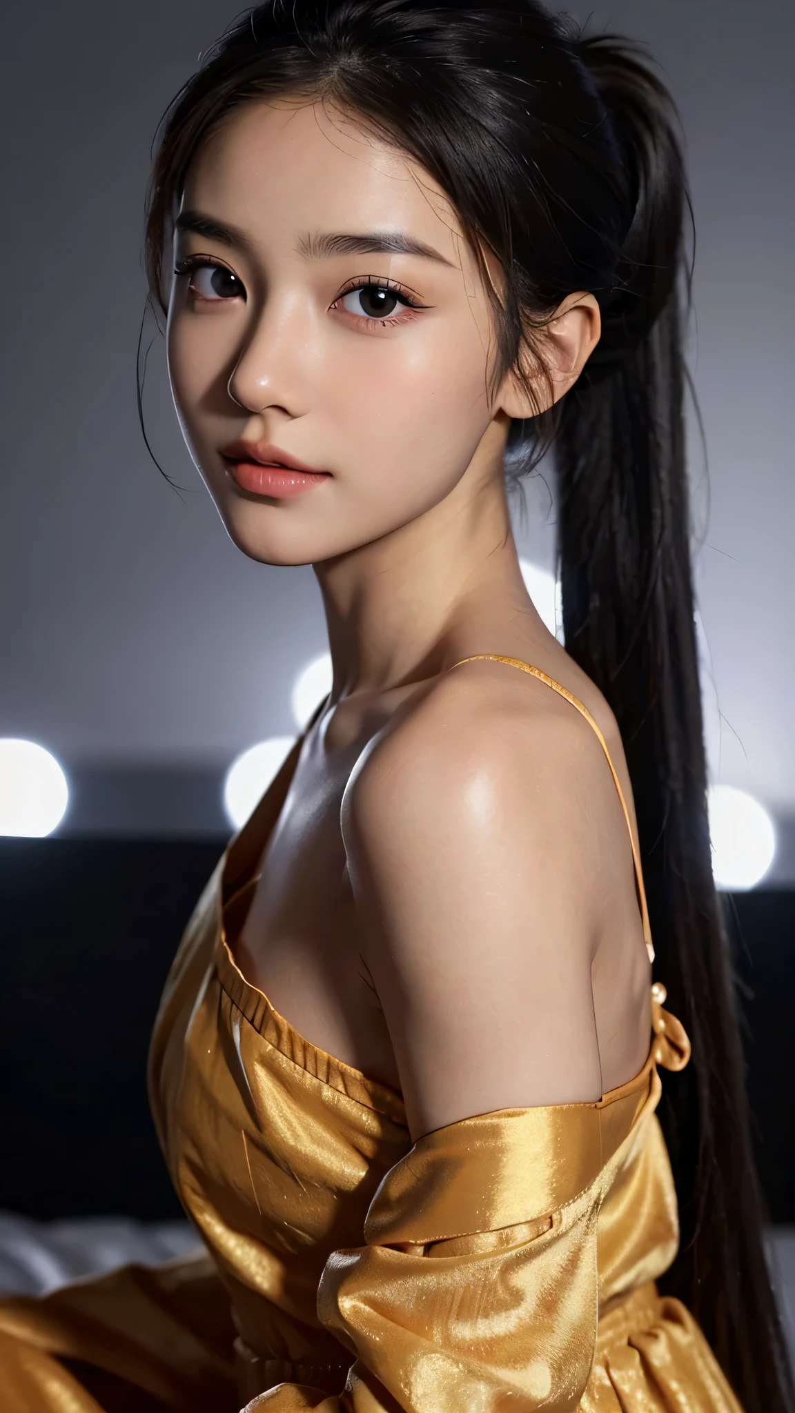 One woman,fully body photo,masutepiece, The highest image quality, High quality, the background is clear，Beautiful woman, Japanese, Detailed, Detailed eyes, Detailed skin, Beautiful skin, 超hight resolution, (reality: 1.4),Very beautiful woman, Slightly younger face, Beautiful skin, slender, (Ultra photo realsisim), (hight resolution), (8K), (Very detailed) (beautifully detailed eyes), (super detailed),   (Detailed face), view the viewer, Fine details, Detailed face, Staring straight ahead, Staring straight ahead, photos realistic, Bright lighting, Professional Lighting, Black hair,poneyTail,a ,sixteen ye is ponytail,long ponytail hairstyle,slight smile,Orange colored long dress with lots of ruffles, softly shaped skirt,Spotlight on stage,close-up of face, 