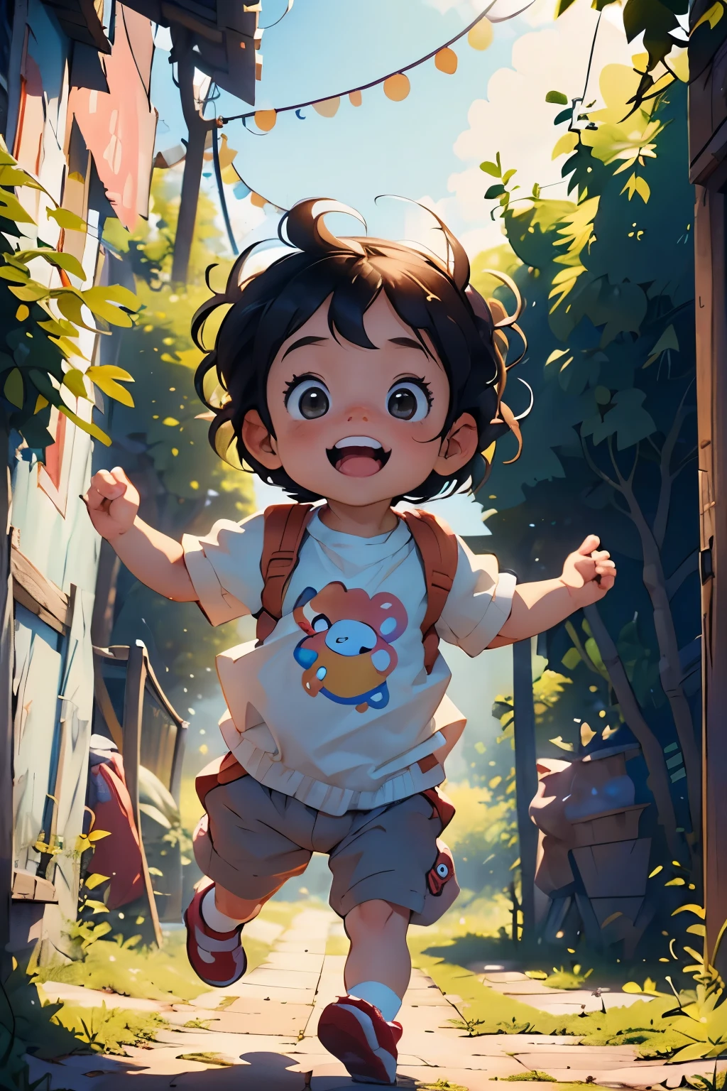 (Top quality, masterpiece, Adorable , T-shirt jacket, Wearing pampers, Hands up in the air, Mouth closed in a sweet smile, Cute babynspired animation, White pristine background, Sunlit environment with no shadows cast, One full-body figure centered)
This top-quality masterpiece showcases an adorable baby girl wearing zy t-shirt jacket and pampers. Her little hands are raiseigh in the air with her mouth closed, forming a playful and endearing smile. The soft lighting of the sunlit white background adds to the pure and innocent atmosphere, creating no shadows at all. With one full