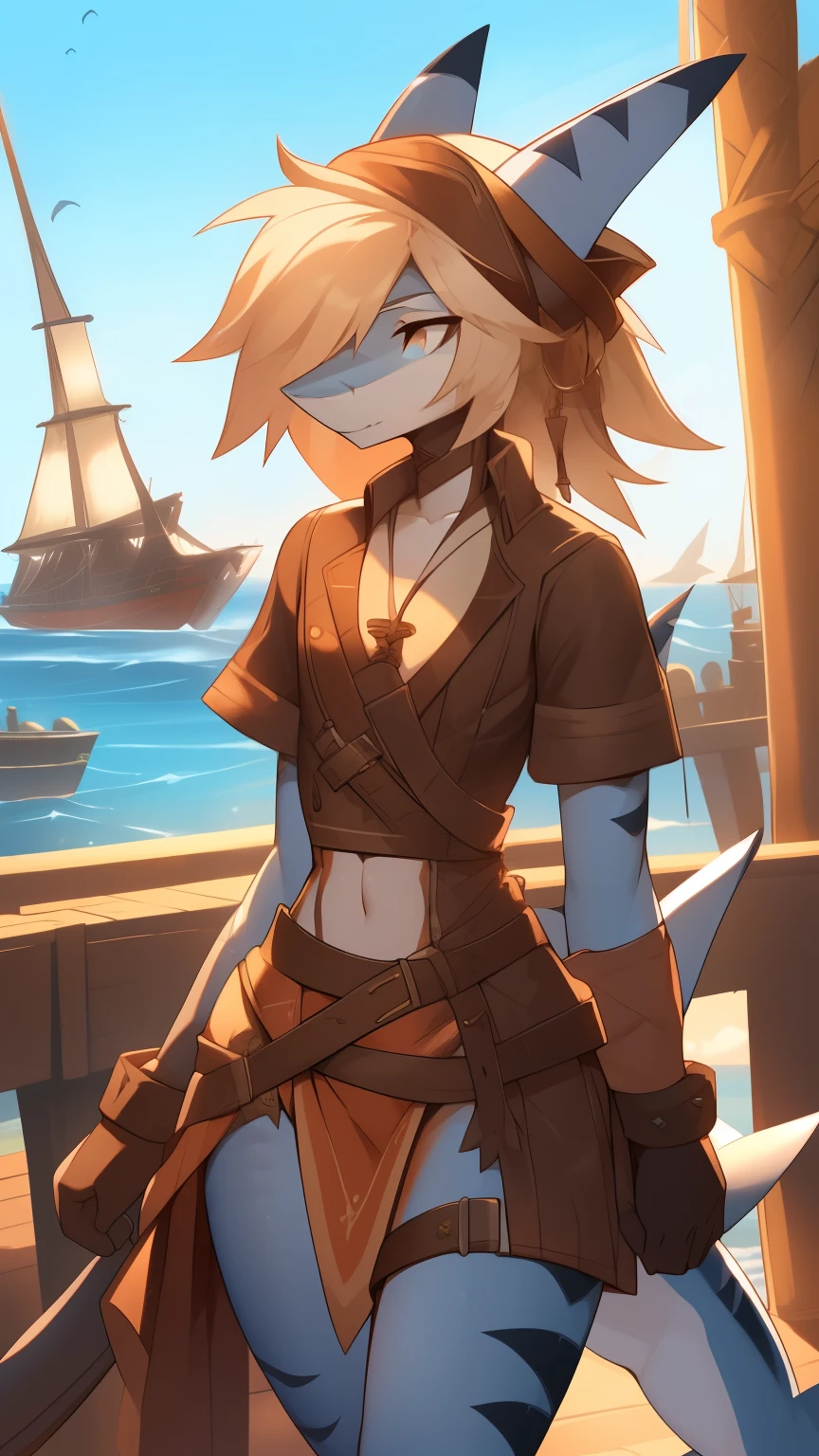 Best quality, Super detailed illustration, Warm tones, perfect lighting, perfect detail, (anthro shark boy:1.4), feminine body, disheveled thick hair, pirate clothes, peaceful mood, against the background of the harbor ,femboy ,small waist, wide hips, slim, perfect body, style &quot;DND&quot;