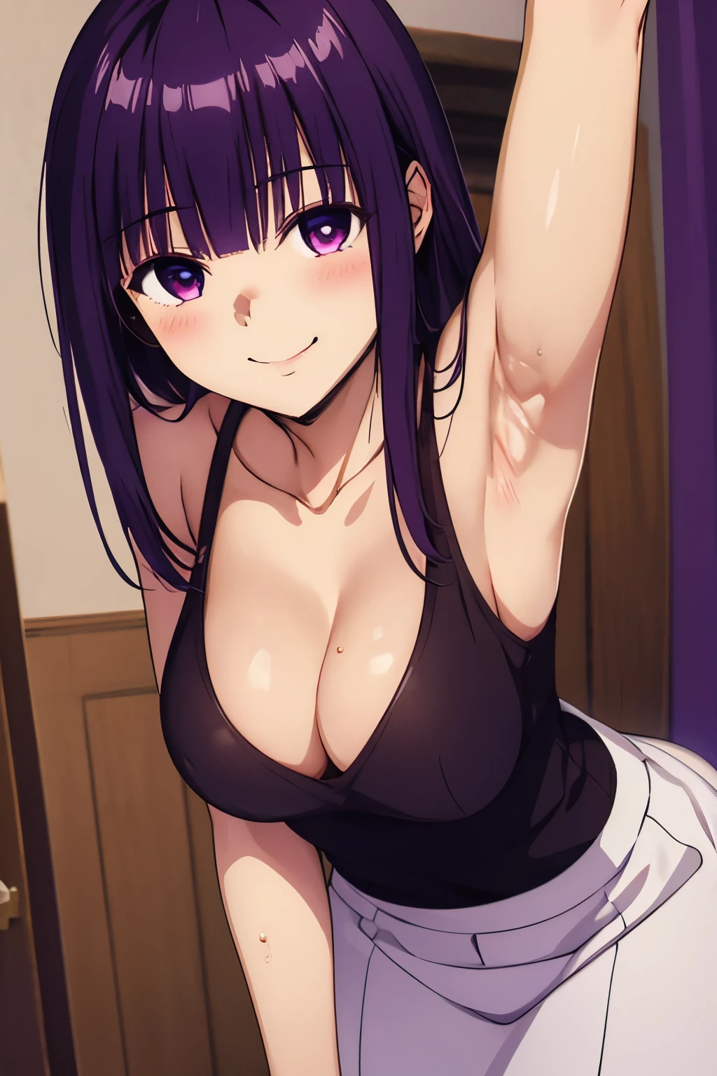 highest quality, masterpiece, (lean forward:1.4), 1 girl, armpit, cleavage, expand your chest, enchanting smile, (blush:1.1)