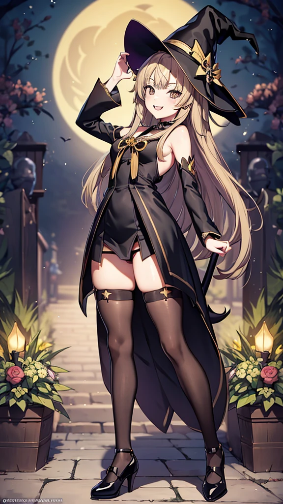 1masterpiece, 8k quality, 1girl, mature woman, witch, full-body, standing, anime style, little witch academy stile, medium breasts, long hair black, golden eyes, mischievous smile, fangs, witch dress, purple witch outfit, revealing clothing, micro thong, upskirt, stockings, black shoes, shool garden background, 