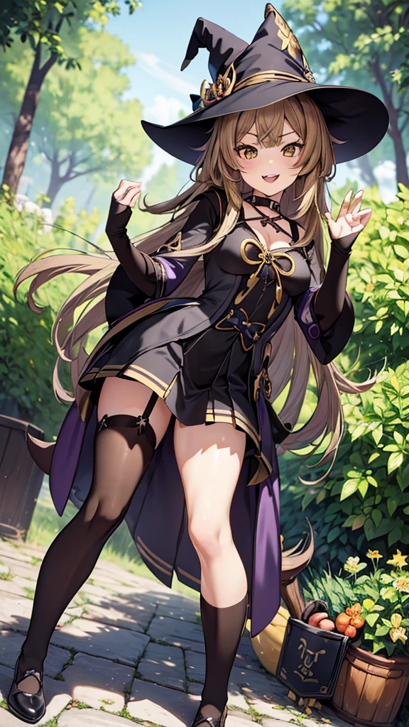 1masterpiece, 8k quality, 1girl, mature woman, witch, full-body, standing, anime style, little witch academy stile, medium breasts, long hair black, golden eyes, mischievous smile, fangs, witch dress, purple witch outfit, revealing clothing, micro thong, upskirt, stockings, black shoes, shool garden background, 