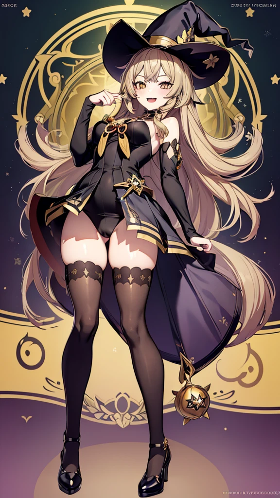 1masterpiece, 8k quality, 1girl, mature woman, witch, full-body, standing, anime style, little witch academy stile, medium breasts, long hair black, golden eyes, mischievous smile, fangs, witch dress, purple witch outfit, revealing clothing, micro thong, upskirt, stockings, black shoes, shool garden background,
