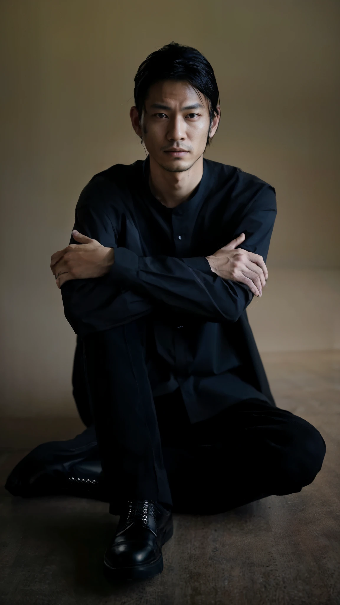 arafed man in a black shirt and black pants sitting on the floor, tomohiro shimoguchi, kousuke oono, yusuke nakano, ((tatsuro yamashita)), dramatic portraiture of uuen, inspired by Itō Ogura Yonesuke, junichi oda, editorial portrait