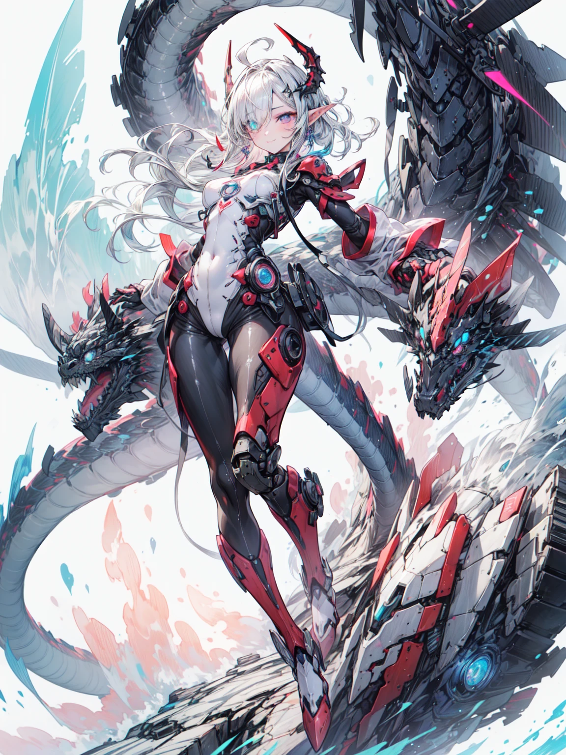 dragon ears, At night,Huge and complex technical background,(masterpiece),(get used to it),(intricate details),(realistic, photo-realistic:1.1),i1 Girl,alone,(full body:1.0),blue fire,device,giant robot,mechanical,Damage Armor,glove,mechanicalry suit,(mechanicalry boots),Mecha,Science Fit,up style,mechanicaldeviceを身に着けている,nice ,model&#39;stance of,lightly twist the body,(tall and elegant,slender body shape:1.4),dragon ears ,Dance posture,sexy posture,tall and elegant,Metal Takazawa,nice,Science Filament,(Red and black color case:1.0), (masterpiece, 最high quality, high quality, High resolution, ultra-get used to it), Blake、（dark elf), (1 girl), alone, perfect face, それにget used to it, Ahoge, ((long hair:1.2)), (hair above one eye:1.3), [[messy hair]], Shiny blonde white hair, purple eyes, multicolored eyes, colorful hair, shining eyes, (eyelash, eye shadow, pink eye shadow), bright, smile, design art by Mikimoto Haruhiko, by Kawashi, By Yoshitaka Amano