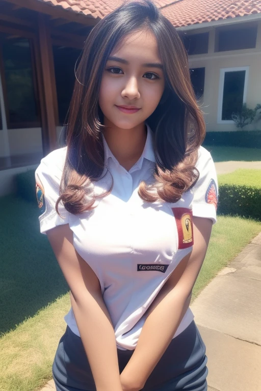 1girl, (uniform_doodle), standing, outdoors, detailed face, detailed eyes, huge breasts, shiny skin, indonesian face, looking at the audience,(8k, RAW photo, best quality, masterpiece: 1.2), (realistic, realistic: 1.37), ultra-high resolution