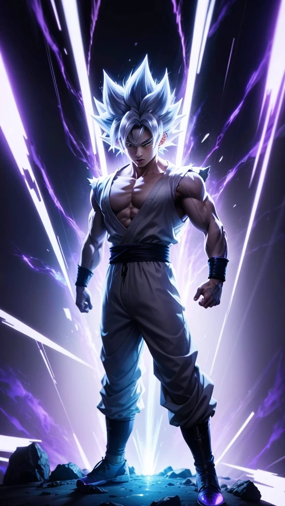 Son Goku transforming into Ultra Instinct surrounded by Violet Aura and lightning full body shot, 4k, Silver Hair, Silver Pupils, high details, epic, cinematic
