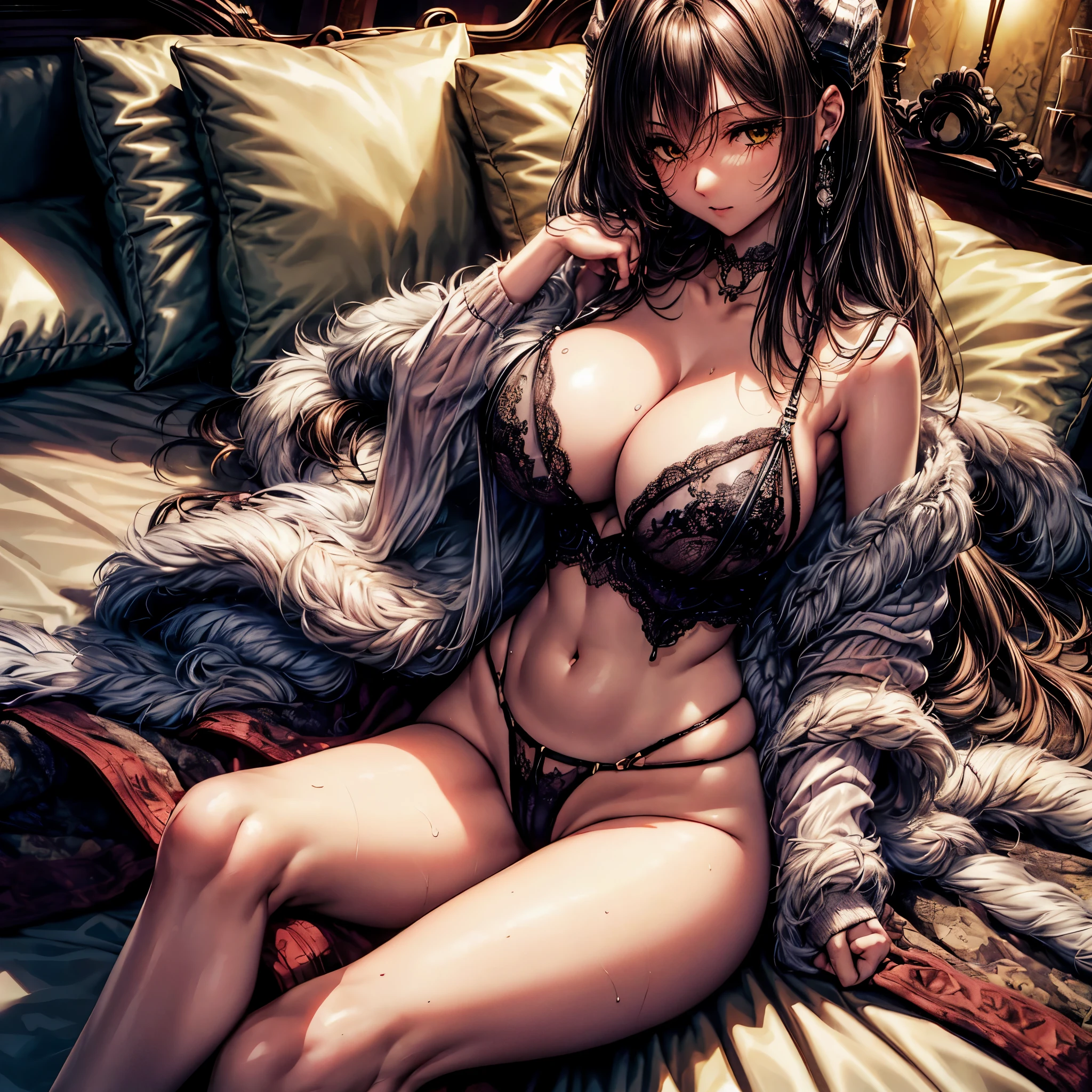top-quality、tmasterpiece、Very high resolution、super high image quality、High-quality pixels)、perfect eyes, perfect face, solo,8K, large breast,(Detailed description of hair), (Detailed description of face),(Detailed description of body), fair and clear skin, matchless beauty, long legged, (30 years old),facing the audience, professional photographic lighting,yellow colored eyes, black hair, parted bangs,horns,tall and strong,lingerie, pantyhose,bed,mature look
