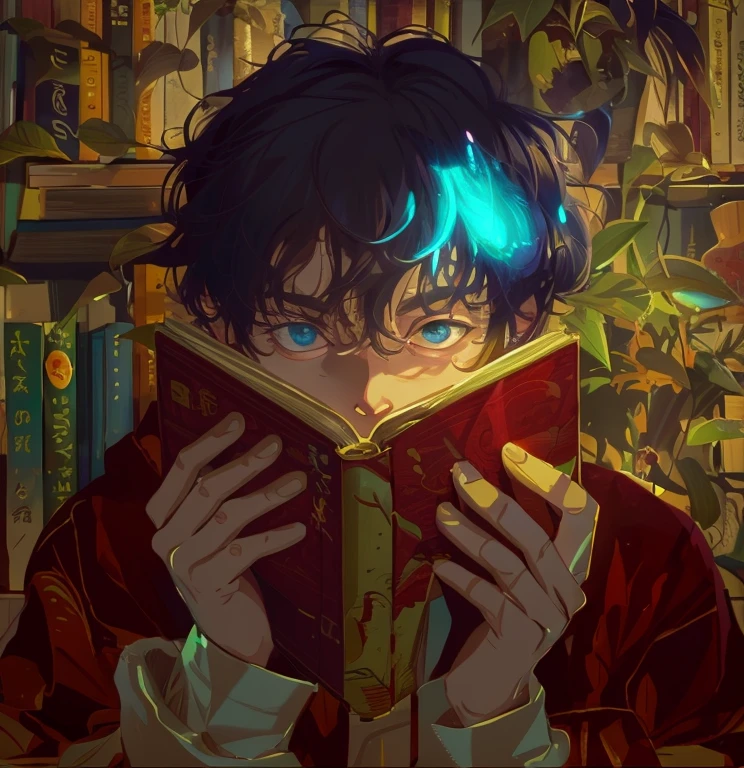 There is a man reading a book in front of the bookshelf.., portrait of lofi, 4k manga wallpaper, book portrait, Gwaites style artwork, digital anime illustration, Lofiatostyle, anime art wallpaper 4k, anime art wallpaper 4k, anime art wallpaper 8k, rpg book portrait, Lofiato, detailed digital anime art、Make some variations
