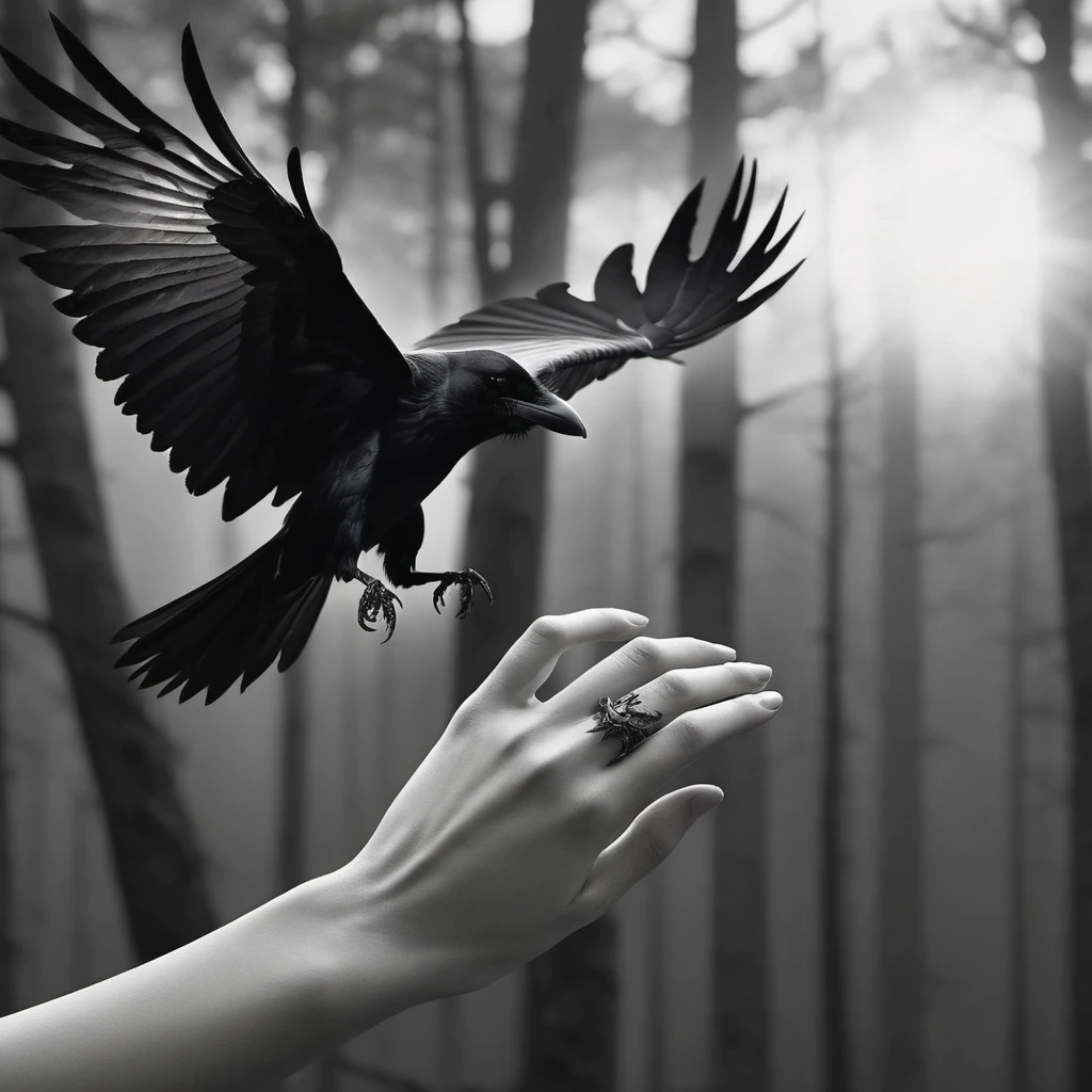 Woman's hand foreground, ring shaped like a flying raven, tattoo of minute crows, background flock of black crows in sky above forest, elegance, splendor, perfection, inspired by @ralphlentjes, chiaroscuro, high contrast, textured, perfect composition, intricately detailed, octane render, trending on ArtStation, 8K artistic photography, photorealistic concept art, soft natural volumetric cinematic, pen and ink precision, immaculate composition, intricate details as seen in octane rendering, High Resolution, High Quality, Masterpiece