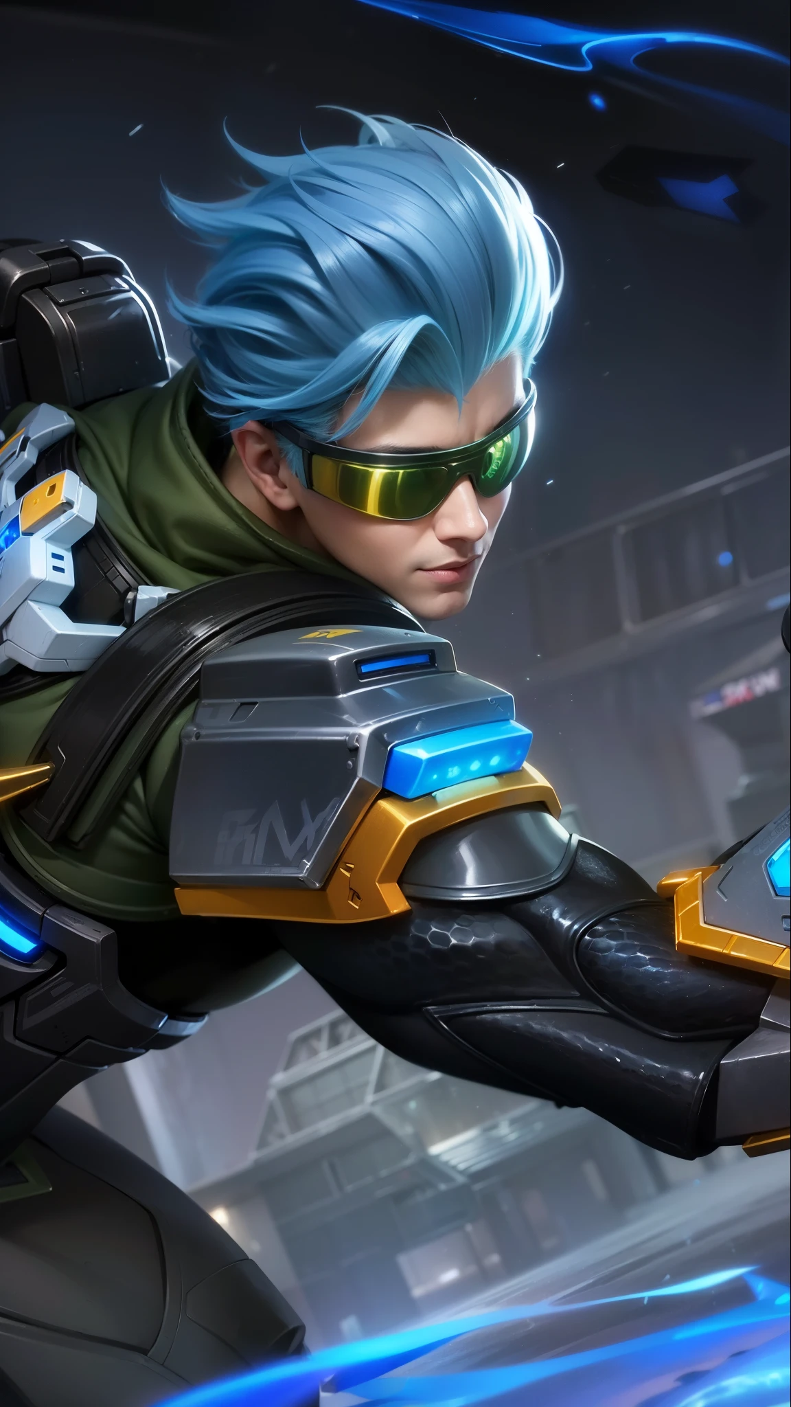 a close up of a boy with a blue hair and a gun, sigma from overwatch, tracer game character, splash art, character splash art, iconic character splash art, sigma male, official splash art, league of legends character, tracer, style league of legends, kda, amazing portrait of viego, league of legends splashart, masterpiece, ((perfect eyes)) best quality, (semirealism:1.9), beautiful lighting, (extremely detailed CG unity 4k fhd wallpaper), High Detail, Sharp focus, dramatic outdoors, 1 boy ,19 years old, 8k, ultra hd, ultra detailed texture, hyper realistic, masterpiece, detailed texture, detailed face, detailed skin, detailed lighting, (photorealistic:1.5), best quality, beautiful lighting, cinematic lighting, professional lighting, ultra highres, realistic, detailed hair, real hair, high quality, (realskin:1.5), extremely detailed, finely detail, ultra-detailed, smile.