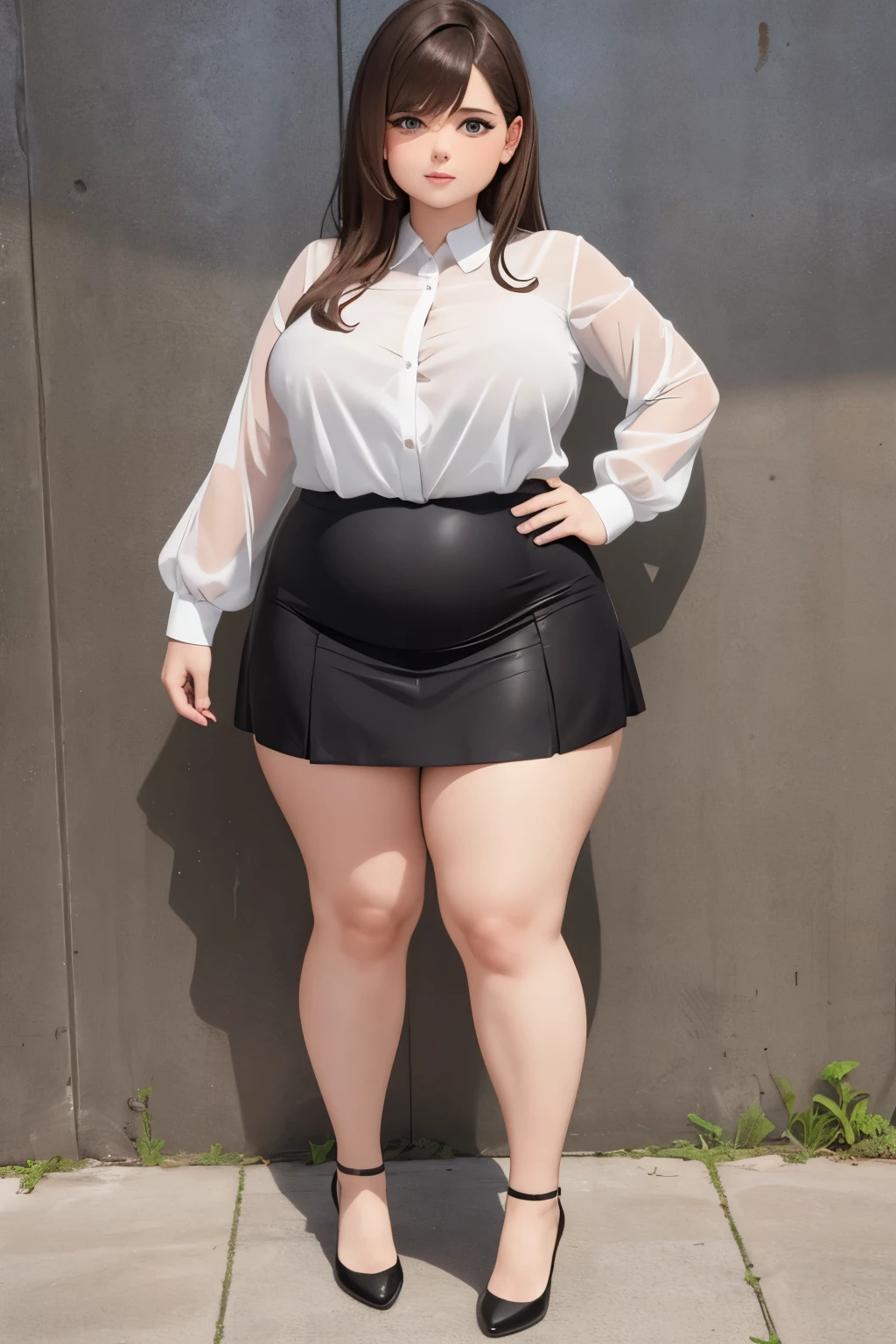 femele, Sexy, Plump Goddess, taken with canon 5d mk4, chubby, Pose Seductive, Plus Size, Mom Size, hi-school girl, Uniforms, a miniskirt, pupils, 18year old、Full body portrait、Simple white background、High heels、Standing on tiptoes、White shirt、Black Skirt、One Woman