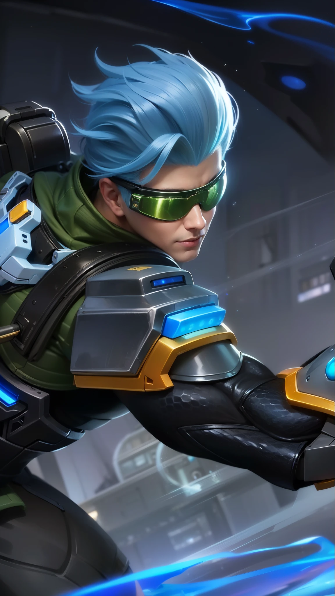 a close up of a boy with a blue hair and a gun, sigma from overwatch, tracer game character, splash art, character splash art, iconic character splash art, sigma male, official splash art, league of legends character, tracer, style league of legends, kda, amazing portrait of viego, league of legends splashart, masterpiece, ((perfect eyes)) best quality, (semirealism:1.9), beautiful lighting, (extremely detailed CG unity 4k fhd wallpaper), High Detail, Sharp focus, dramatic outdoors, 1 boy ,19 years old, 8k, ultra hd, ultra detailed texture, hyper realistic, masterpiece, detailed texture, detailed face, detailed skin, detailed lighting, (photorealistic:1.5), best quality, beautiful lighting, cinematic lighting, professional lighting, ultra highres, realistic, detailed hair, real hair, high quality, (realskin:1.5), extremely detailed, finely detail, ultra-detailed, smile.
