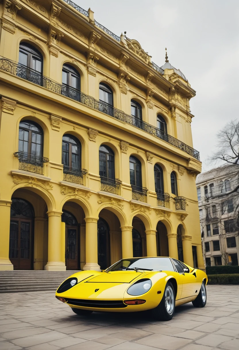 (low angle shot:1.4),an editorial photo of a yellow Lamborghini Miura style Hovering_Car parked in front of a library in the style of Art Nouveau architecture, highly detailed, clean lines, fine art photography, award winning photography, film grain