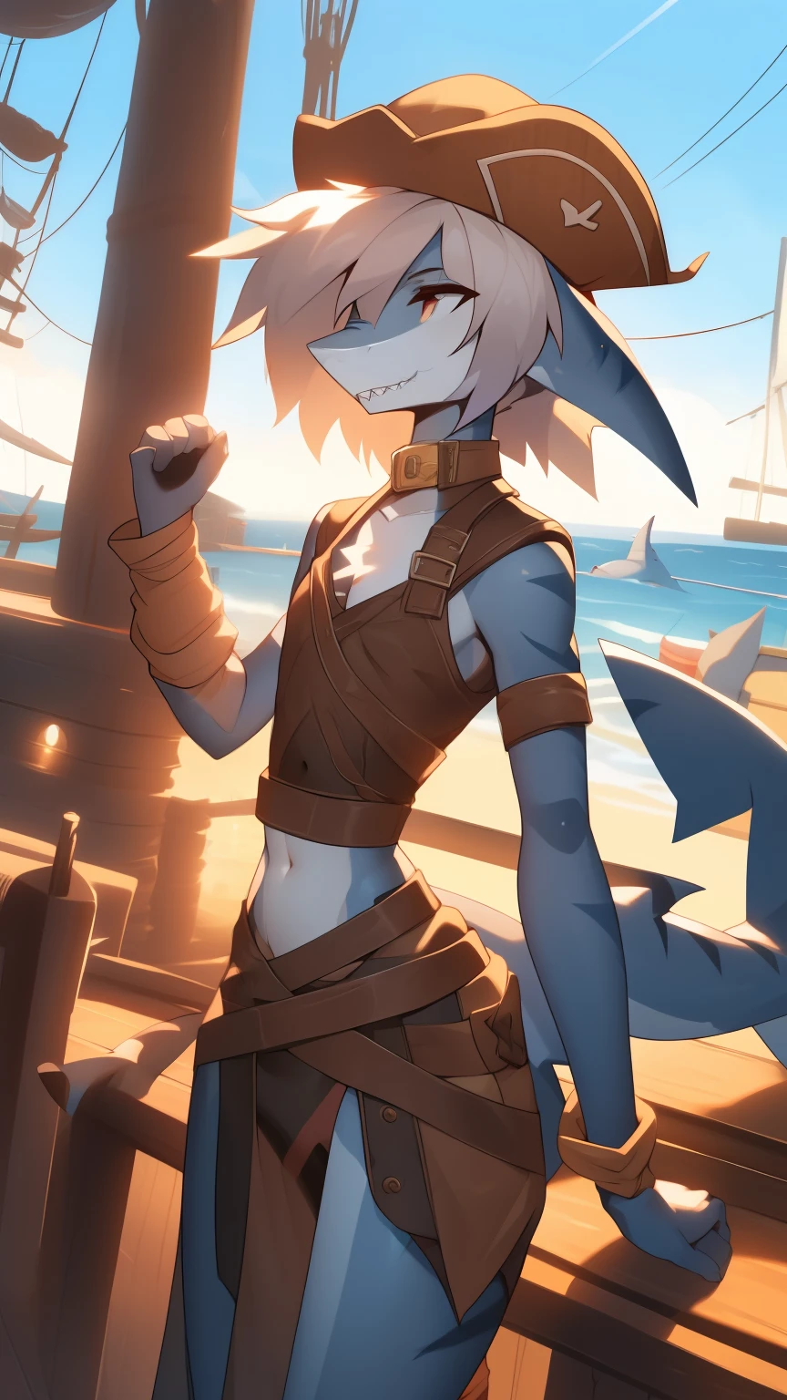 Best quality, Super detailed illustration, Warm tones, perfect lighting, perfect detail, (anthro shark boy:1.4), feminine body, disheveled thick hair, pirate clothes, peaceful mood, against the background of the harbor ,femboy ,small waist, wide hips, slim, perfect body, style &quot;DND&quot;