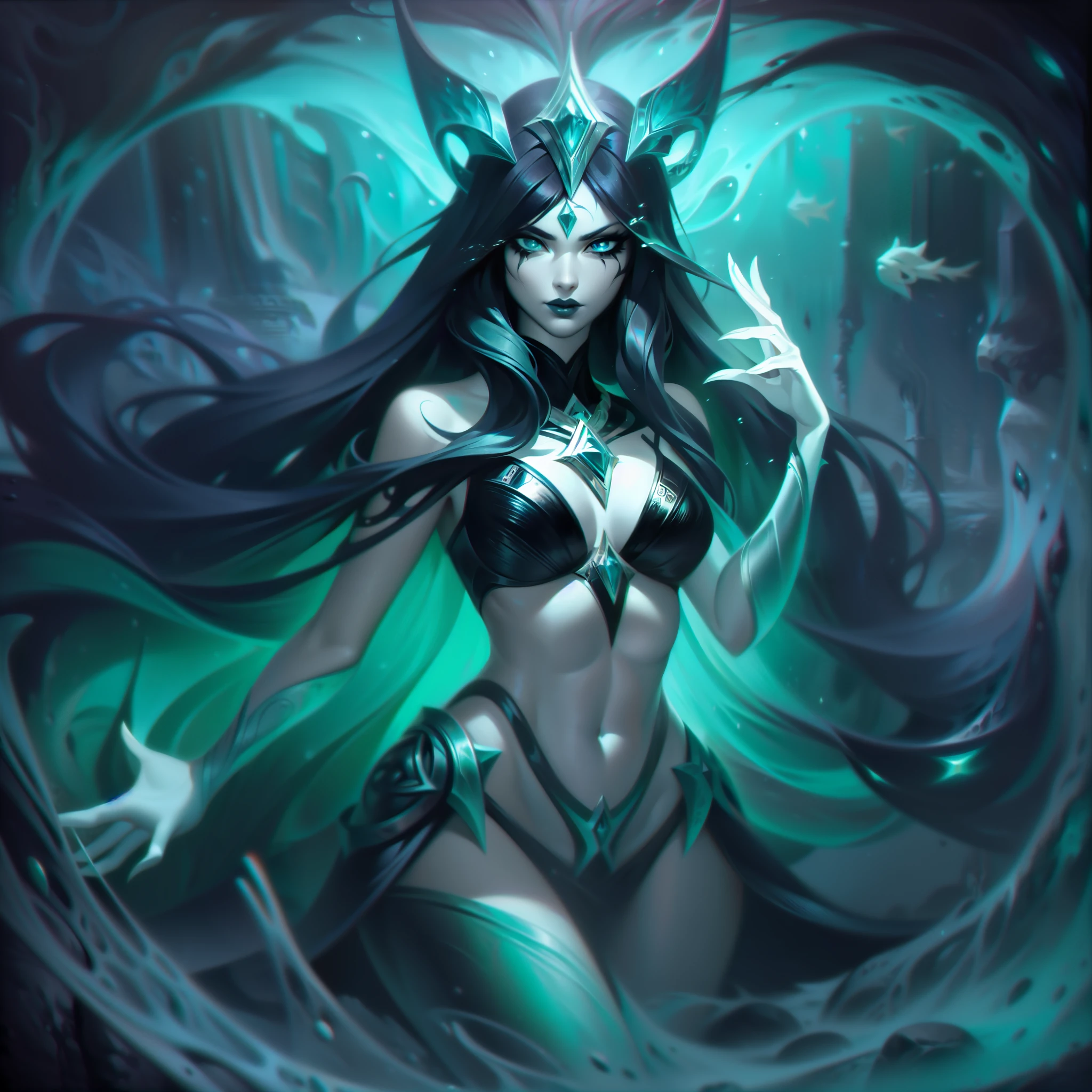 Ahri from League of Legends, is depicted in her splashart amidst a mysterious and dark environment, representing her deep connection to the water of chaos. The scene unfolds in an ancient underwater temple, where eroded stone pillars and twisted algae intertwine around it. She is an elegant and enigmatic figure, with long black hair flowing like water currents around her body. Her skin is pale, almost translucent, and has a subtle glow, reflecting the luminescence of the water of chaos. She is dressed in a belly dancer outfit with chain accessories. The water of chaos is the main manifestation of her power, and in splashart, she manipulates this mystical substance with grace and dexterity. She is surrounded by black, churning waves that rise around it, looking almost alive. These waves have small glowing particles, denoting the chaotic and magical nature of their manipulation of water. Her eyes are deep and mesmerizing, a dark blue hue that seems to absorb light. They glow with a sinister aura, conveying the dark and mysterious essence of her. Her expression is serene, but at the same time carries an air of defiance, revealing his ambiguous and controlling personality. In the background of the splashart, you can see ancient statues submerged, covered in moss and enigmatic aquatic symbols. Distorted and enigmatic sea creatures emerge from the depths, attracted by the power of the chaos water that Fiona manipulates. The color palette is dominated by deep shades of green and black, with the water of chaos radiating a mysterious luminosity. Details in purple and dark green stand out in the algae and sea creatures, adding a dark and sinister atmosphere, splashart, body lines, vibrant colors, exquisite details, cinematic, artstation, detailed face, detailed eyes, goth makeup, black lipstick, black eyeliner, huge butt facing the camera, by rossdraws, no animal ears or tails, by Kienan Lafferty