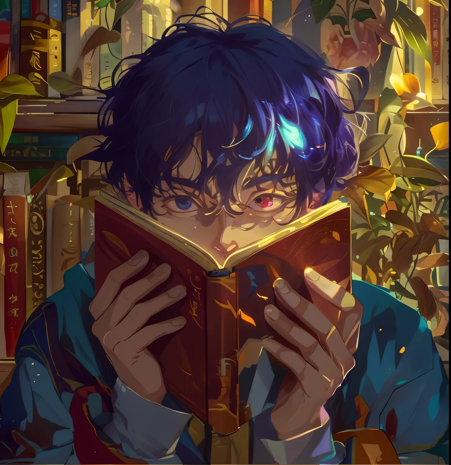 There is a man reading a book in front of the bookshelf.., portrait of lofi, 4k manga wallpaper, book portrait, Gwaites style artwork, digital anime illustration, Lofiatostyle, anime art wallpaper 4k, anime art wallpaper 4k, anime art wallpaper 8k, rpg book portrait, Lofiato, detailed digital anime art、Make some variations