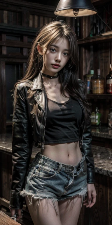 original photo，A sexy girl works at the counter in the bar，green leather jacket，Lace tank top， low rise shorts，rim light，lace choker， clavicle， beautiful face，tattoos on the arms， Thin waist and wide hips，long legs，Idol， depth of field， tilt， reflective，lifelike, ultra high resolution, high quality，soft light，best quality，masterpiece，8K，Super real，