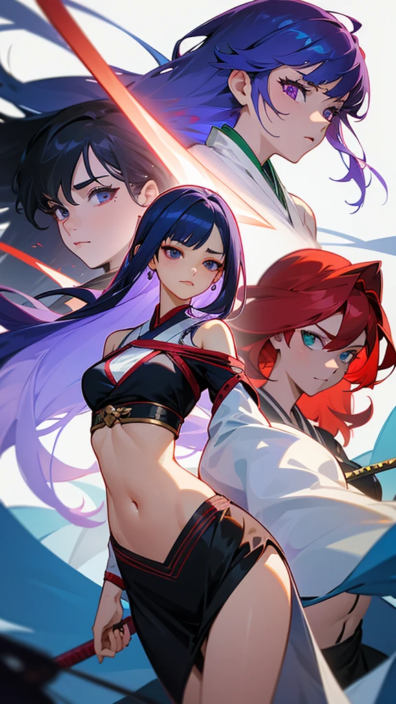 four people,woman,There is a sense of distance,Sexy off-the-shoulder,Open navel,Hanfu,red hair purple eyes,Blue hair and green eyes,Black hair, blue eyes,White hair and golden eyes,Take a sword,Want to fight