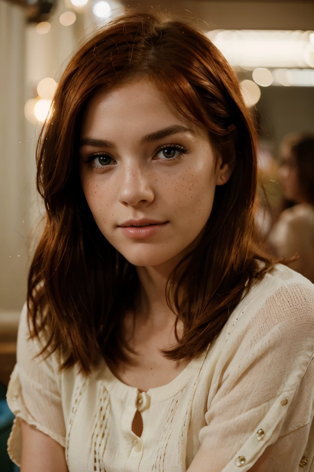 Beautiful woman with red hair and freckles on her face, extremely high quality color RAW photo with high detail, 60s mood, romantic mood, Canon EOS R5 effect, soft lighting, warm tones, depth of field effect, eye contact, elegant outfit, 60s style clothing, candid moment, detailed facial features, party background lighting, bokeh, emotional depth, skin shine and glow