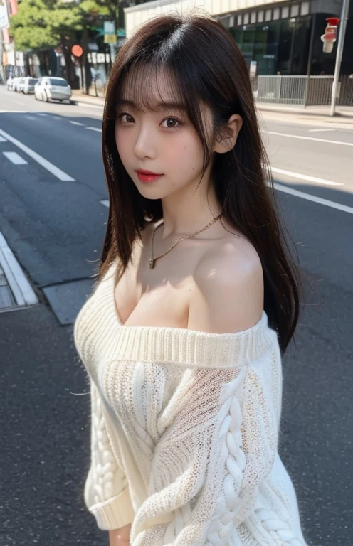 (highest quality, 8k, 32K, masterpiece, Hmm:1.2),１Photo of cute Japanese women lined up, big breasts, very  long straight hair,Upper body,face focus,extra large_sweater, off shoulder,necklace, city street,From above, looking at the viewer,