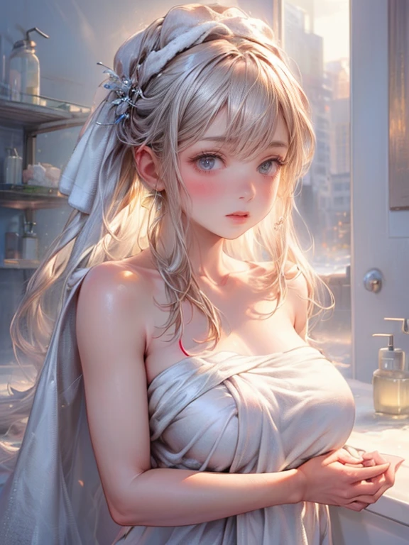(((Immerse yourself up to your shoulders in your home's bathroom unit:1.7))),(((flannel:1,7))),(((Cover the chest with a towel:1.7))),(((night lighting:1.3))),Breast movement,cheeks turn red、smile shyly,BBW,(beautiful girl)、(Short Hair with Bright Silver and Orange Inner Color,flower hair ornament,Floral Braided Top Knot,Ponytail with Twisted Side Part,floral braided tiara,Half-up、floral braided space bun,voluminous fishtail braid,Twisted pan,),(The fringe is transparent),(((emphasize the chest:1.3))),(dynamic angle),(Dynamic and sexy pose),(Lean forward:1.3),(((A worthy statue))),(((clip,necklase,aretes))),breasts big,blushing with shame,dreamy eyes,A smile that confuses the viewer,skin shining with sweat,Look at the Beholder,topless,48 years old ,topless,Disruption of clothing due to movement,pointy red mouth,perfect round face,,proper body proportions,details Intricate,Very delicate and beautiful hair,realistic footage,dream like,professional lighting,realistic shadow,focus only,beautiful hands,nice fingers,Detailed finger functions,Detailed characteristics of clothes,Detailed characteristics of hair,detailed facial features,highest quallity,Ultra high resolution output image,) ,(8 k quality,),(sea art mode 2.1),(Ultra HD picture mode,)