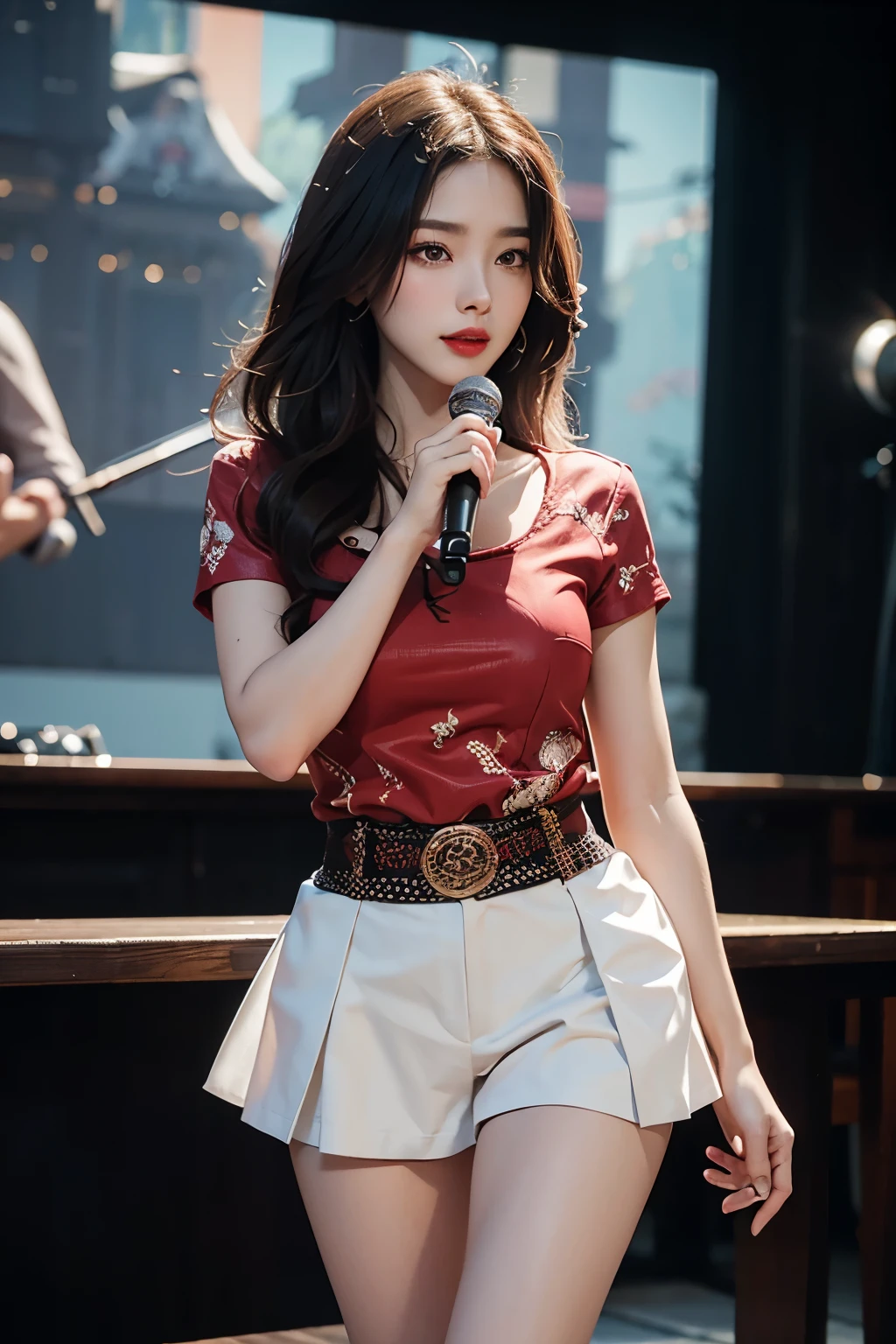 robber girl,red lips,mature woman,assembly, Liuyifei, ((cowboy shot)), (best quality, masterpiece:1.2), very detailed, (realistic:1.37), beautiful, young, glamorous model (detailed eyes, detailed lips, extremely detailed eyes), sing into the microphone, cute and casual outfit, showing a bright smile, slim body, long legs, Creates a breathtaking depiction of a girl singing and dancing, random pose, perfect hands,