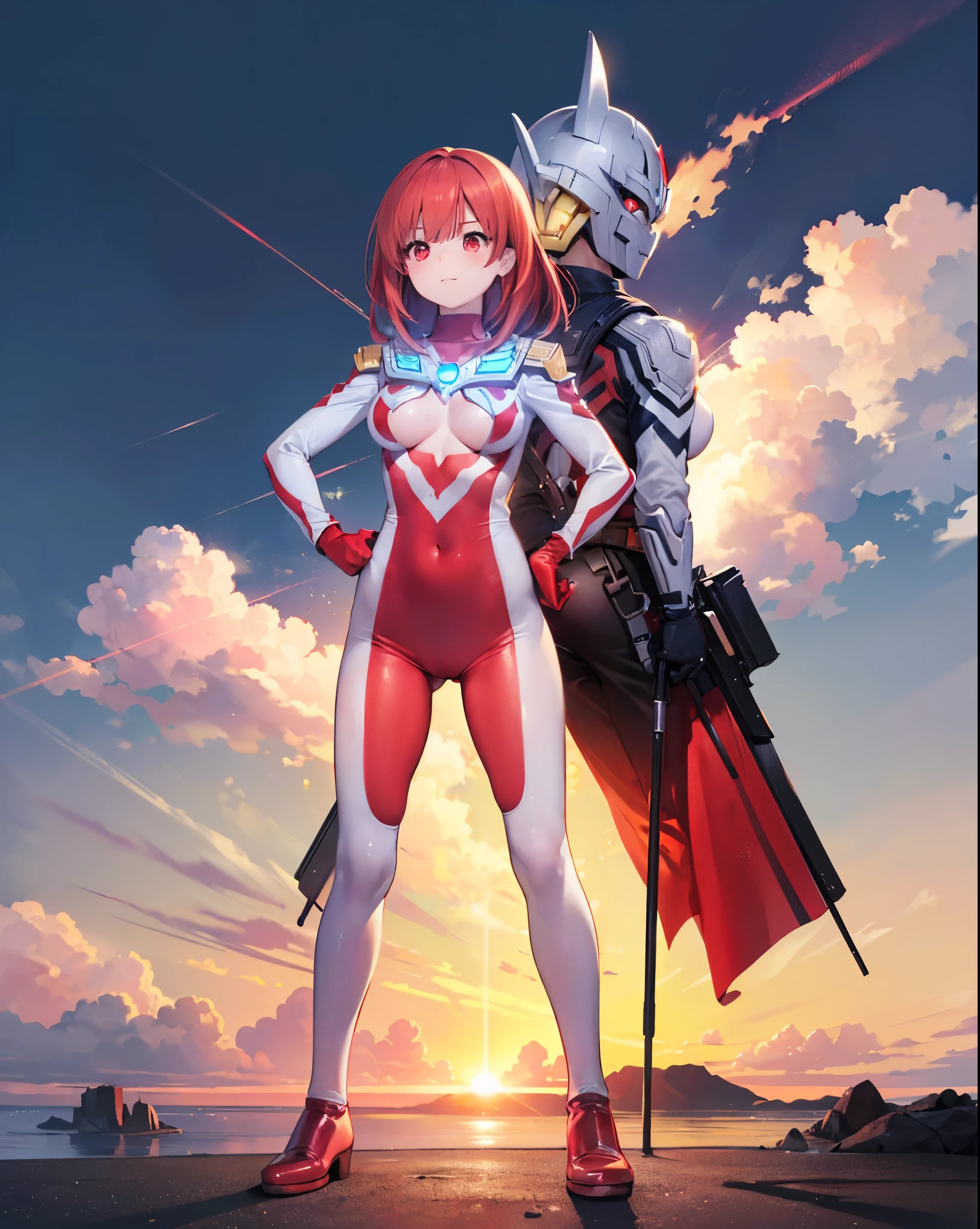 Highest image quality,8K beautiful detailed ung girl,(bright red hair:1.5),short bob,red eyes, (Ultra Girl :1.0), (silver and red ultraman bodysuit:1.5),big breasts,(fold your arms:1.3)