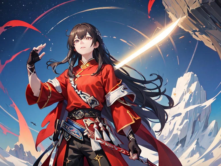 navarre, 1 person, long black hair, boots, belt, side slits, trousers, black pantyhose, Chinese clothes, Gorgeous golden patterns on clothes，red shirt, long sleeve, sheath, sword, brown footwear, Elbow gloves, fingerless gloves, alone, focus, attitude, struggle, stand，solitary，wilderness，blue sky，Baiyun，Beautiful scenery，light from above, 暗红色细sword，male，male
