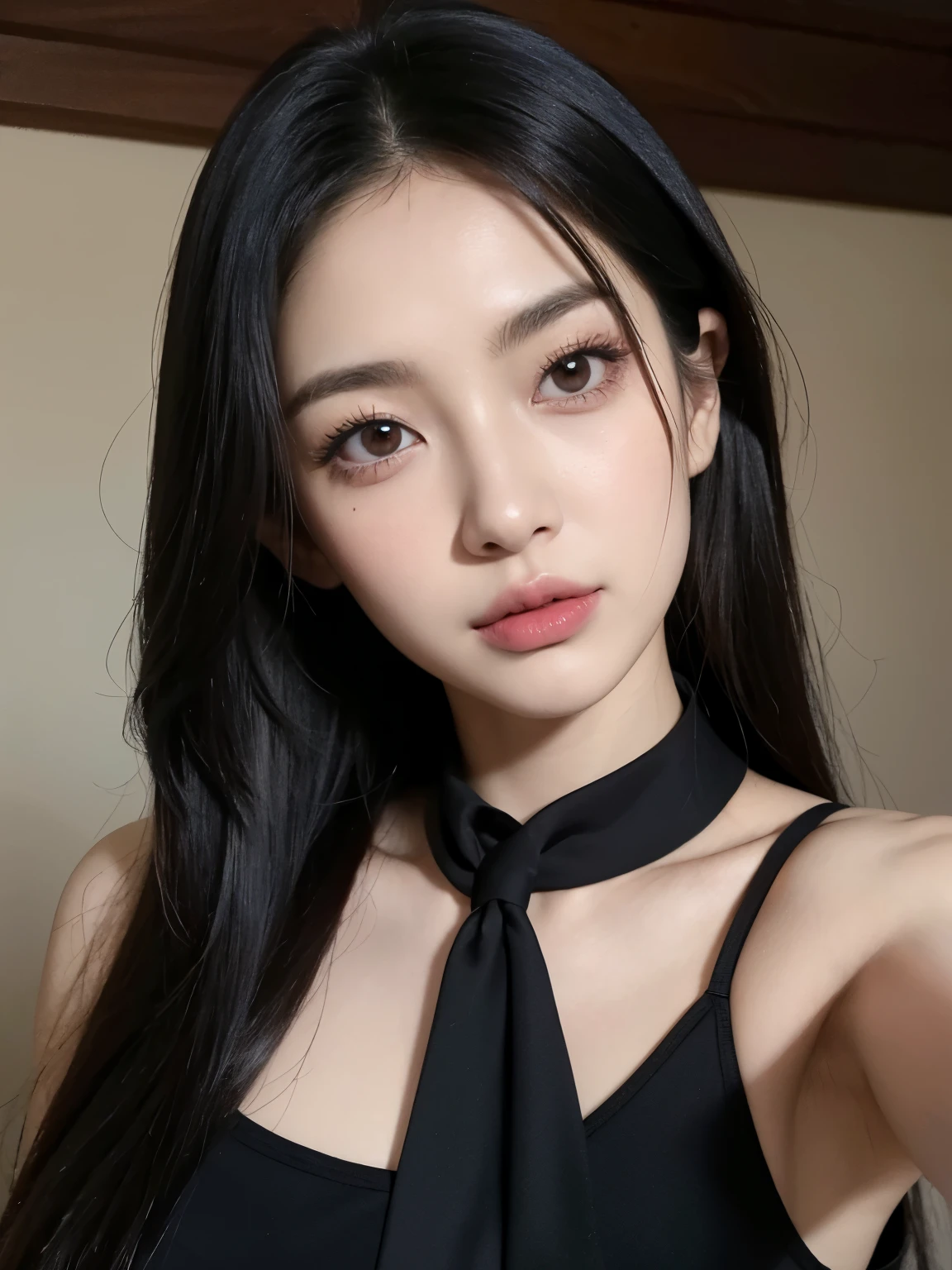 Kim Jennie con el cabello negro oscuro, con rulos en las puntas del cabello negro oscuro, con un ganchito de estrella en el cabello negro oscuro, ojos de color claro, ojos bonitos, nariz bonita y respingada, labios bonitos, labios rosas, heart shaped lip and cupid, piel bonita, pale and white skin, con lunares y pecas en todo el rostro, rubor rosa suave en las mejilla, rubor rosa natural, dark and gothic makeup, Jennie gotica, cuellos bonito, cuello marcado, frown, mirada enojada, con un collar de beso, un collar bonito de beso, mientras muestra sus pechos desnudos, mientras tiene los pezones con dos corazones de papel rosa, tiene los pezonnes con corazones de papel rosa, con un sombrero de vaquero 🤠, bonito Sobrero de vaquero, (pechos grandes, pechos suaves, pechos bonitos, pechos naturales), looking to the camera, selfie 