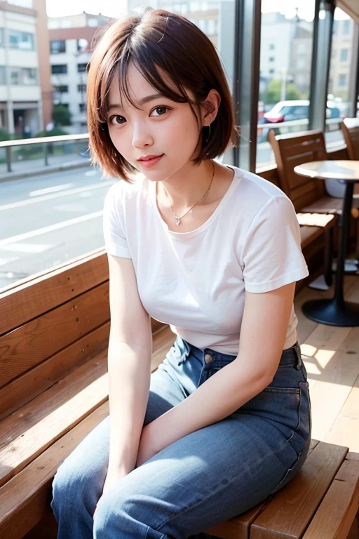 Best-quality, Masterpiece, Ultra-High-Resolution, (Photorealistic:1.4), Raw Photo, depth of field, professional lighting, perfect anatomy, extremely details, front view, 1girl, 15-years-old, the most famous Japanese idol, sitting on Japanese train seat, showing white panties, wearing white T-shirt, wearing denim miniskirt, (extremely cute face, (extremely cute and extremely big eyes), extremely beautiful short-cut-haired, extremely beautiful skins), realistic skin texture, extremely cute long-eyelashes, extremely cute lips, childish body, extremely beautiful thighs, looking at viewer, innocent-smile, detailed Japanese-train-seat