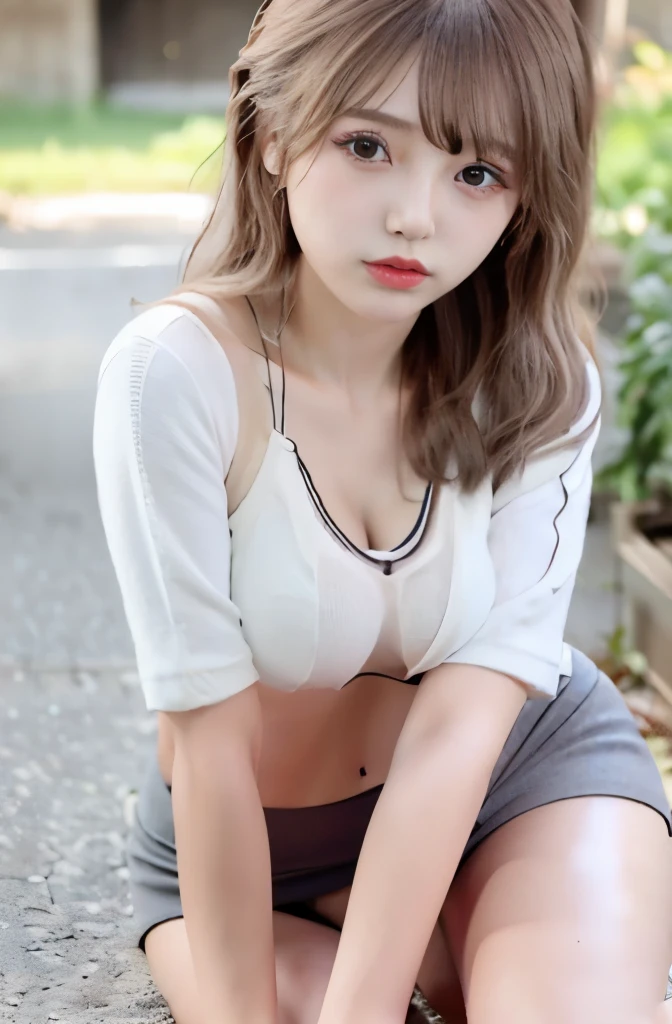 ((open your mouth:1.2)),((Blowjob:1.2)),{{Low-rise skirt}}, {{{へそ length white shirt}}}, {{{{Shirt tied under the chest}}}}, socks, platinum blonde hair, 1 girl,(highest quality,4k,8K,High resolution,masterpiece:1.2),1 beautiful woman,18-year-old,35mm lens,f/1,cowboy shot,considerable breasts,soft sunlight,bright colors,playful expression