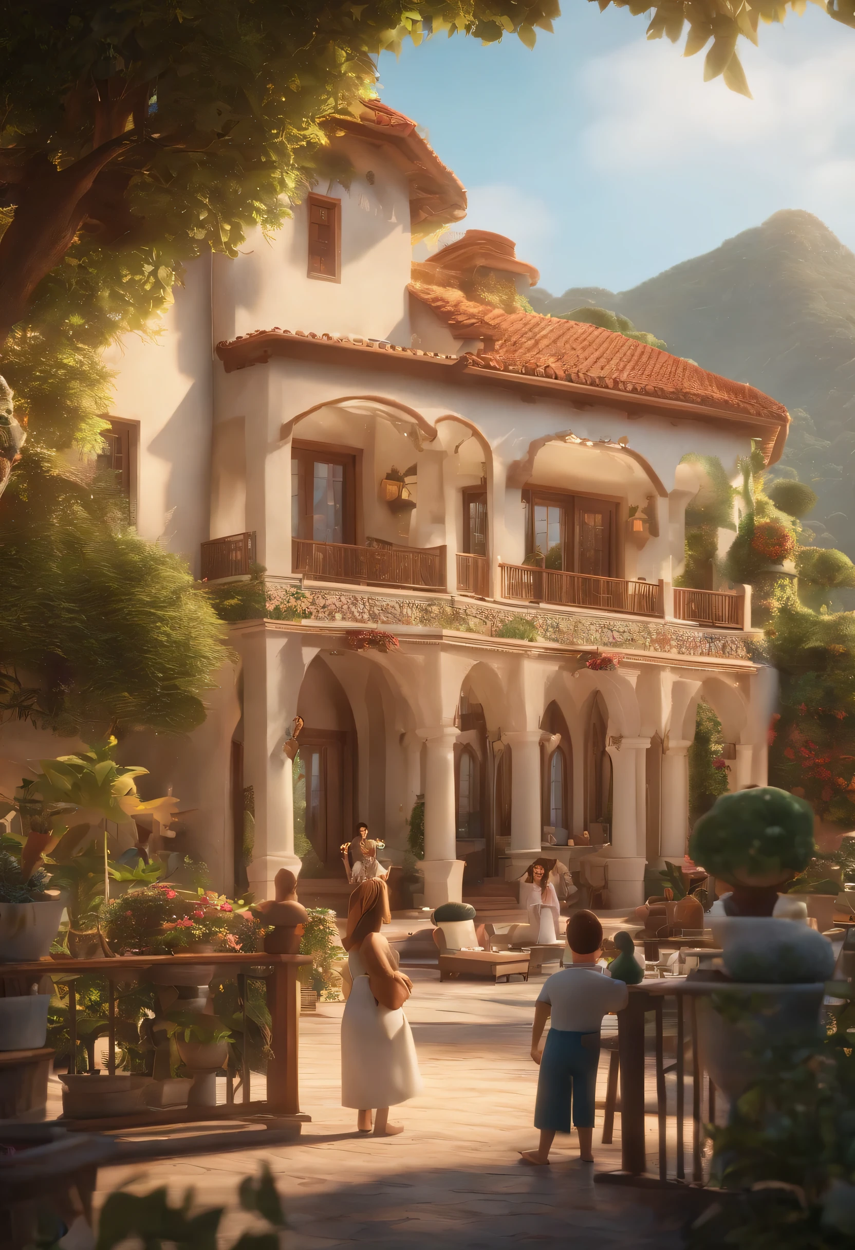 Opening scene of the animated short，Set in a tranquil mountain villa overlooking the sea。The scene captures the bustling crowds of tourists at the villa，Visitors enjoying the restaurant、Facilities such as swimming pool and tea room。Workers are painting the fence，Indicates one day of maintenance。Scene rendered in Pixar style，Cinematic composition and lighting，Using Unreal Engine to achieve ultra-realistic effects