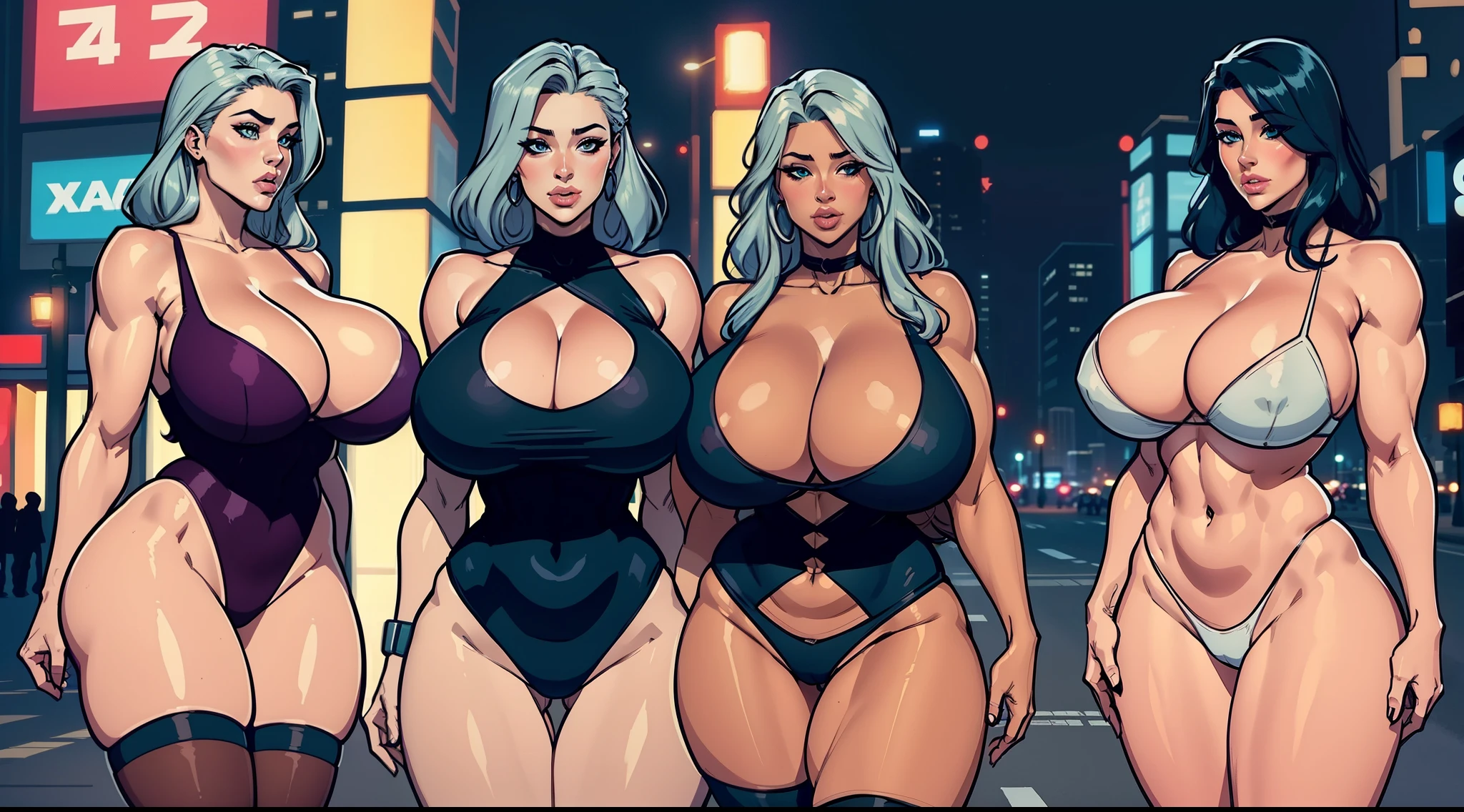 MILF, 3 girls, big breasts, giant breasts, huge round fake breasts, mature woman, with ((((( huge fake breasts:43.7 ))))) heavy breasts, long BLUE and SILVER hair, light-skinned woman, with a close-fitting BLACK dress, with a low neckline on the chest, green eyes, a large and curvy waist, with large and well-defined back muscles, triceps and biceps arms, shoulders, back, thighs and calves, with a well-defined abdomen , in the background the center of Tokyo in the city, with an advertisement in the background and out-of-focus lights, full breasts, breasts bigger than your head, mature face, curvy woman, thick thighs, voluptuous woman, soft breasts, mommy breasts, nice pink, dyed hair, many hairstyles, being one, pantyhose with panties hanging, looking at each other, mouth kissing one of the breasts