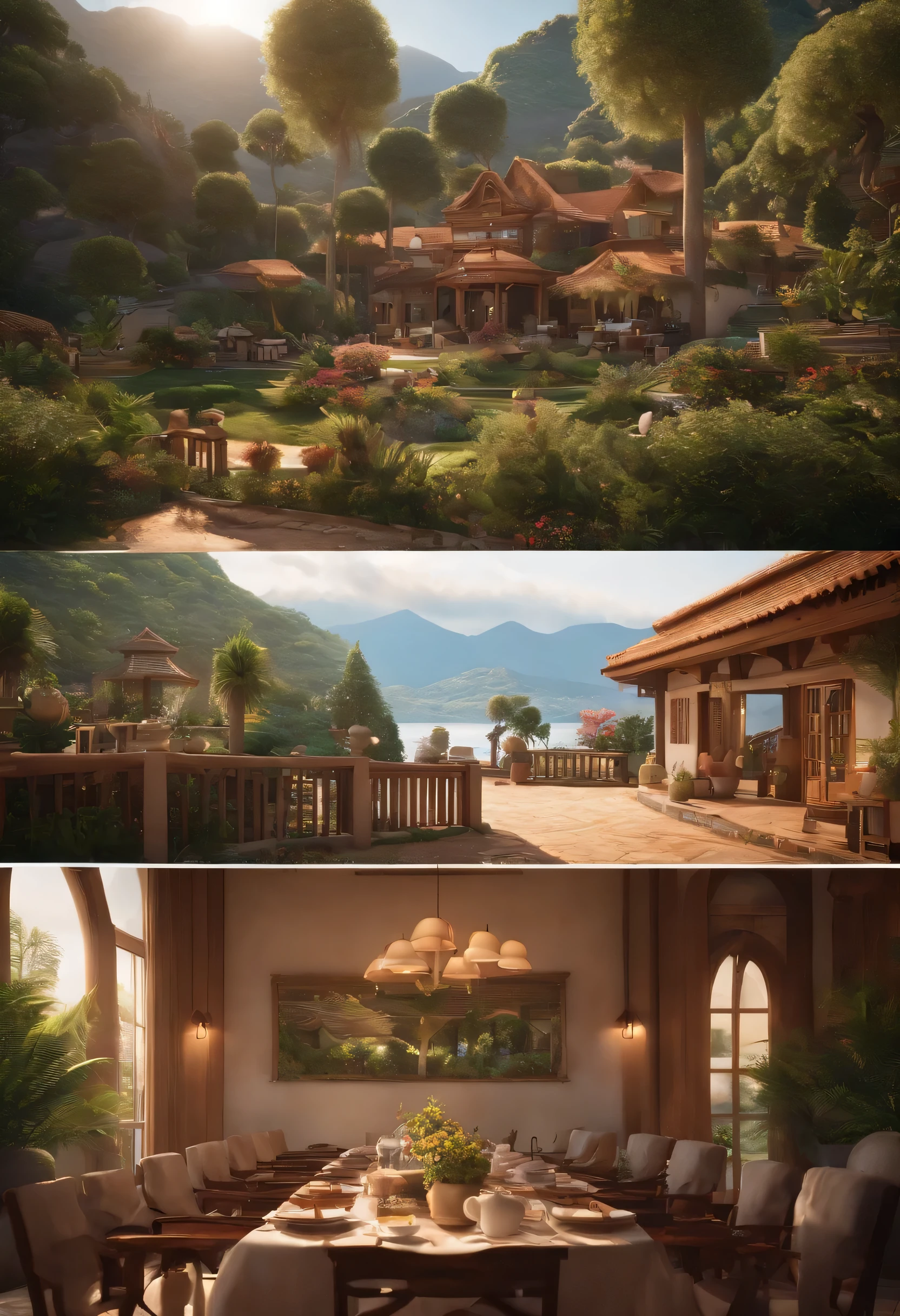 Opening scene of the animated short,Set in a tranquil mountain villa overlooking the sea。The scene captures the bustling crowds of tourists at the villa,Visitors enjoying the restaurant、Facilities such as swimming pool and tea room。Workers are painting the fence,Indicates one day of maintenance。Scene rendered in Pixar style,Cinematic composition and lighting,Using Unreal Engine to achieve ultra-realistic effects