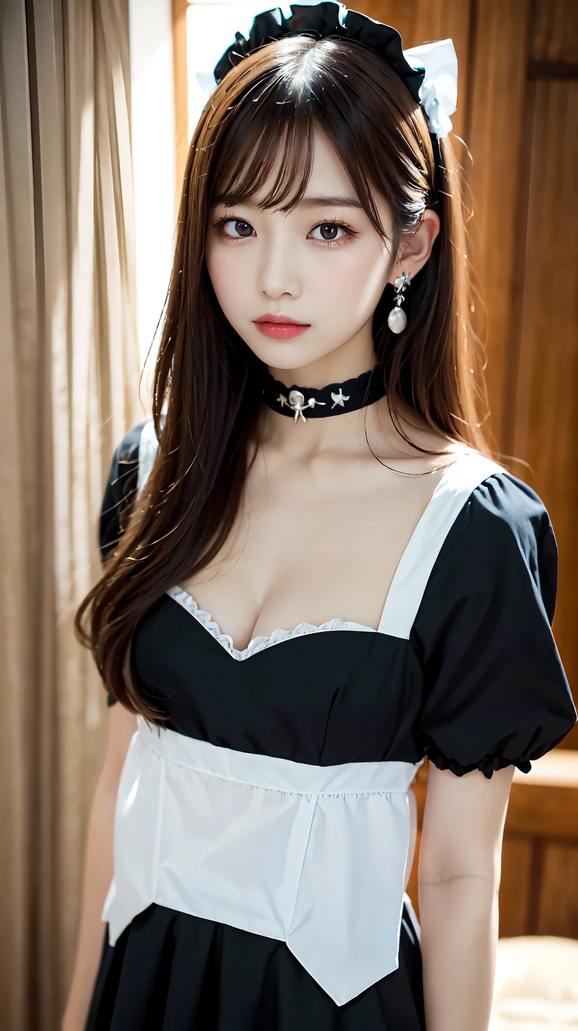 Wear the cutest gothic maid outfit in the world,The cutest maid choker in the world、The cutest gloves in the world、The most beautiful skin in the world、The most beautiful earrings in the world、The cutest sleeping face in the world、The cutest gravure idol pose in the world、perfect proportions、cute、((18 year old female:1.ung adorable japanese face,official art,Highly detailed CG Unity 8K wallpaper,(masterpiece:1.0),(highest quality:1.0), 超A high resolution,4k,Super detailed, photo shoot, 8K, nffsw, High resolution, kodak portrait 400, film grain, lens flare glow,高いest quality,8K,nffsw:1.2),portrait shot,8K、View viewer